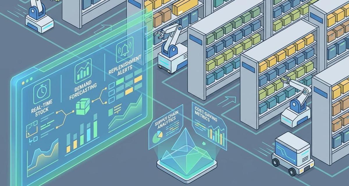 A futuristic warehouse scene featuring a glowing blue AI inventory management dashboard with real-time stock level charts, demand forecasting graphs, and automated replenishment alerts, alongside robotic fulfilment systems operating between organized product shelves in the background.