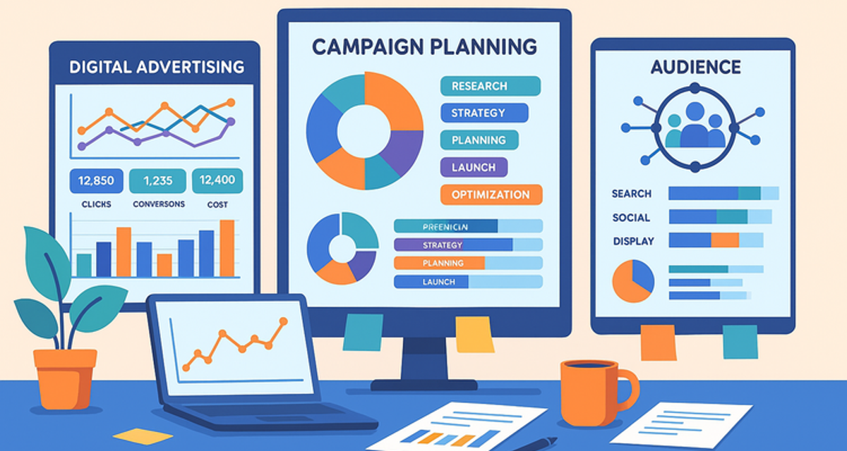 A multi-screen digital dashboard displaying advertising campaign analytics with colorful graphs, audience segmentation data, channel performance metrics, and strategic planning tools in a professional marketing workspace.