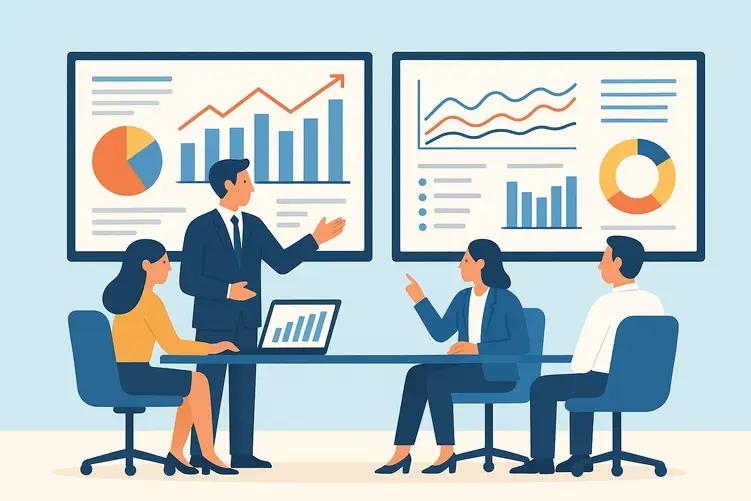 Business professionals in modern UK office analysing data analytics dashboards with charts and business metrics on multiple computer screens