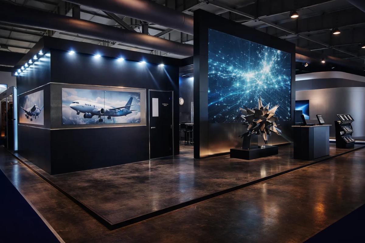 Aerospace exhibition stand with an enclosed private meeting room, large LED display wall and product plinths