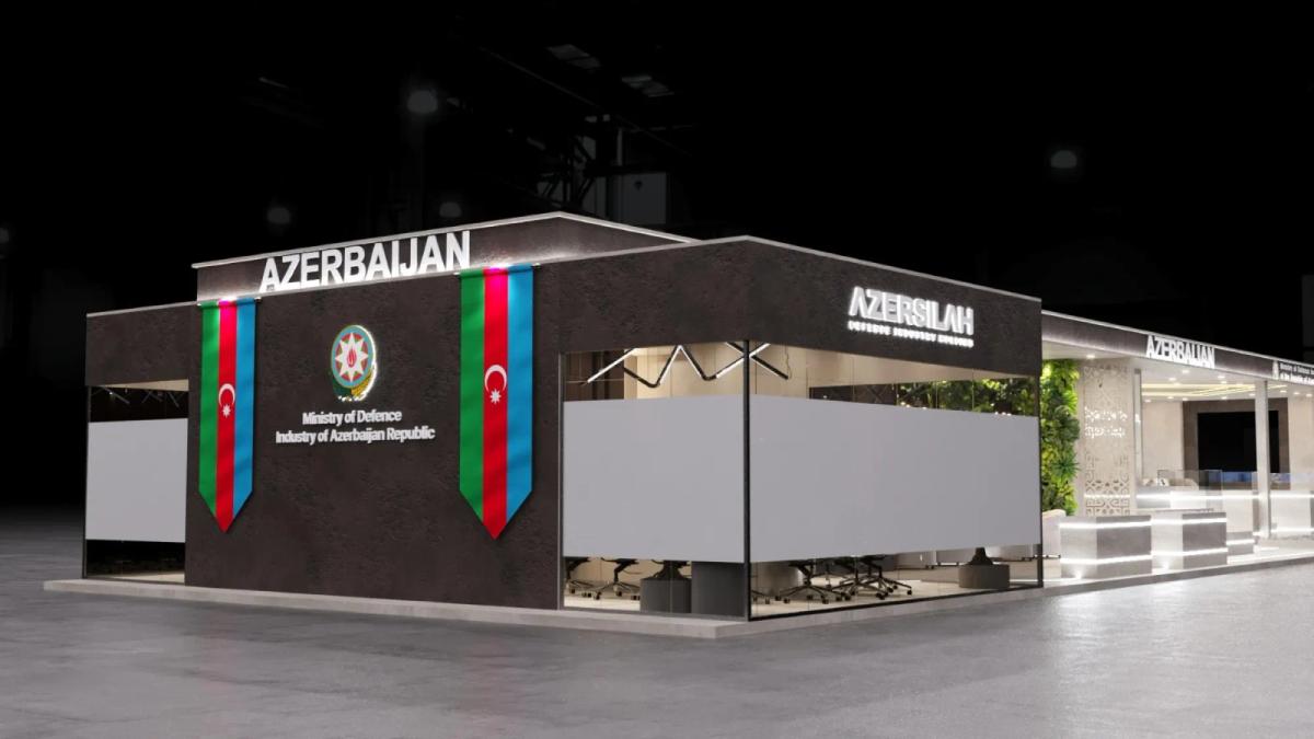 3D design render of the Azersilah national pavilion with two Azerbaijani flag banners, the national emblem, Ministry of Defence Industry lettering and a glazed meeting room