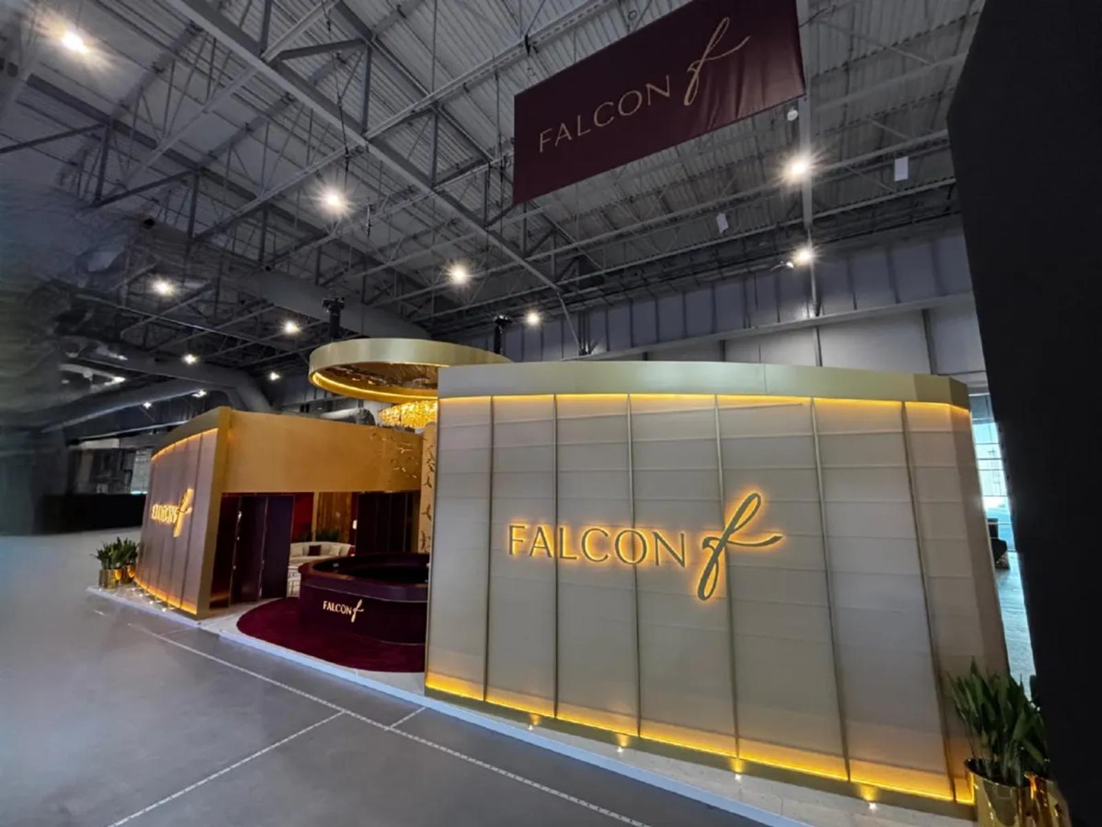 Falcon Aviation custom exhibition stand at a Middle East business aviation show in Dubai