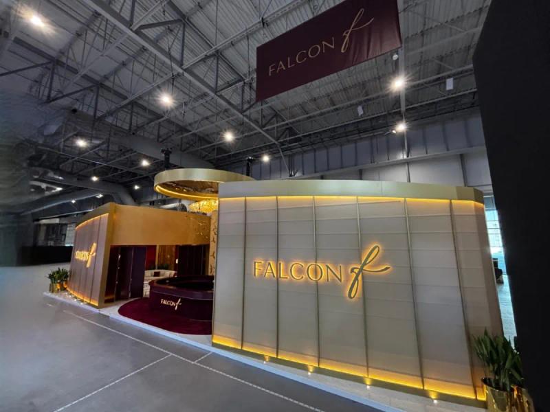Falcon Aviation custom exhibition stand at a Middle East business aviation show in Dubai
