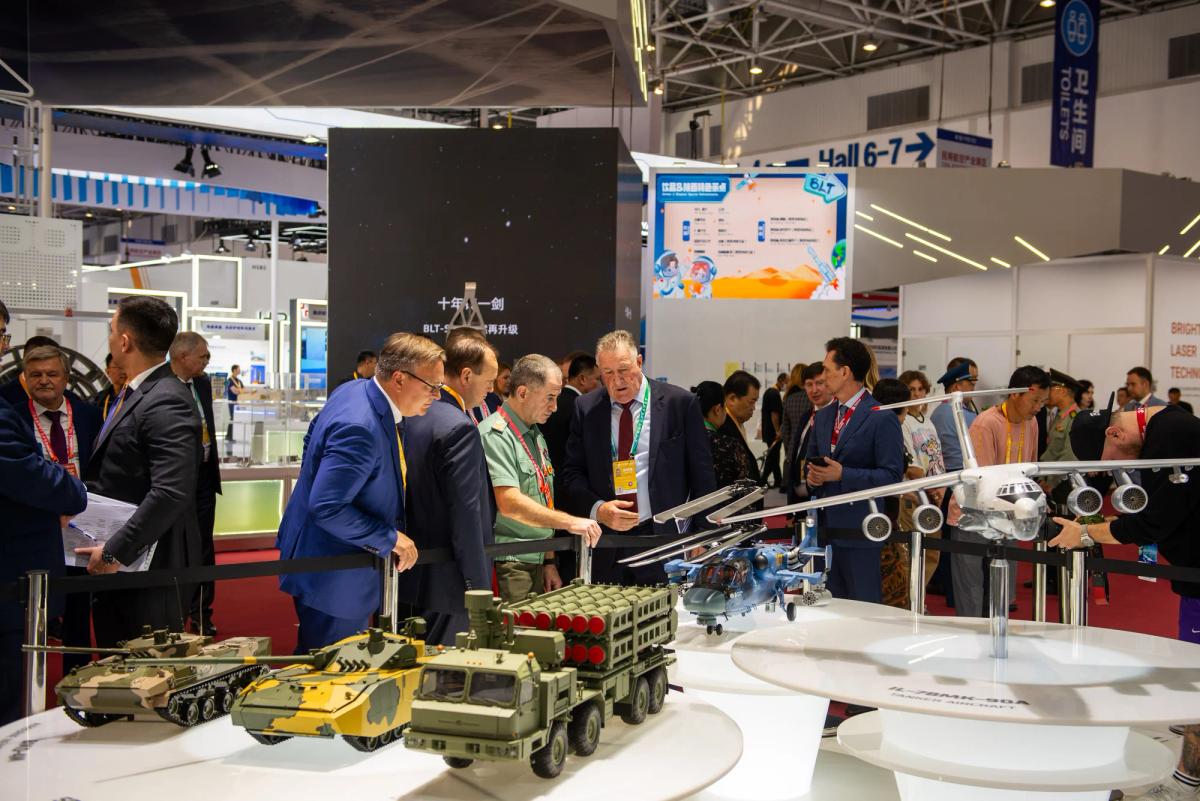 Custom aerospace exhibition stand at China Air Show with modern architecture and product displays