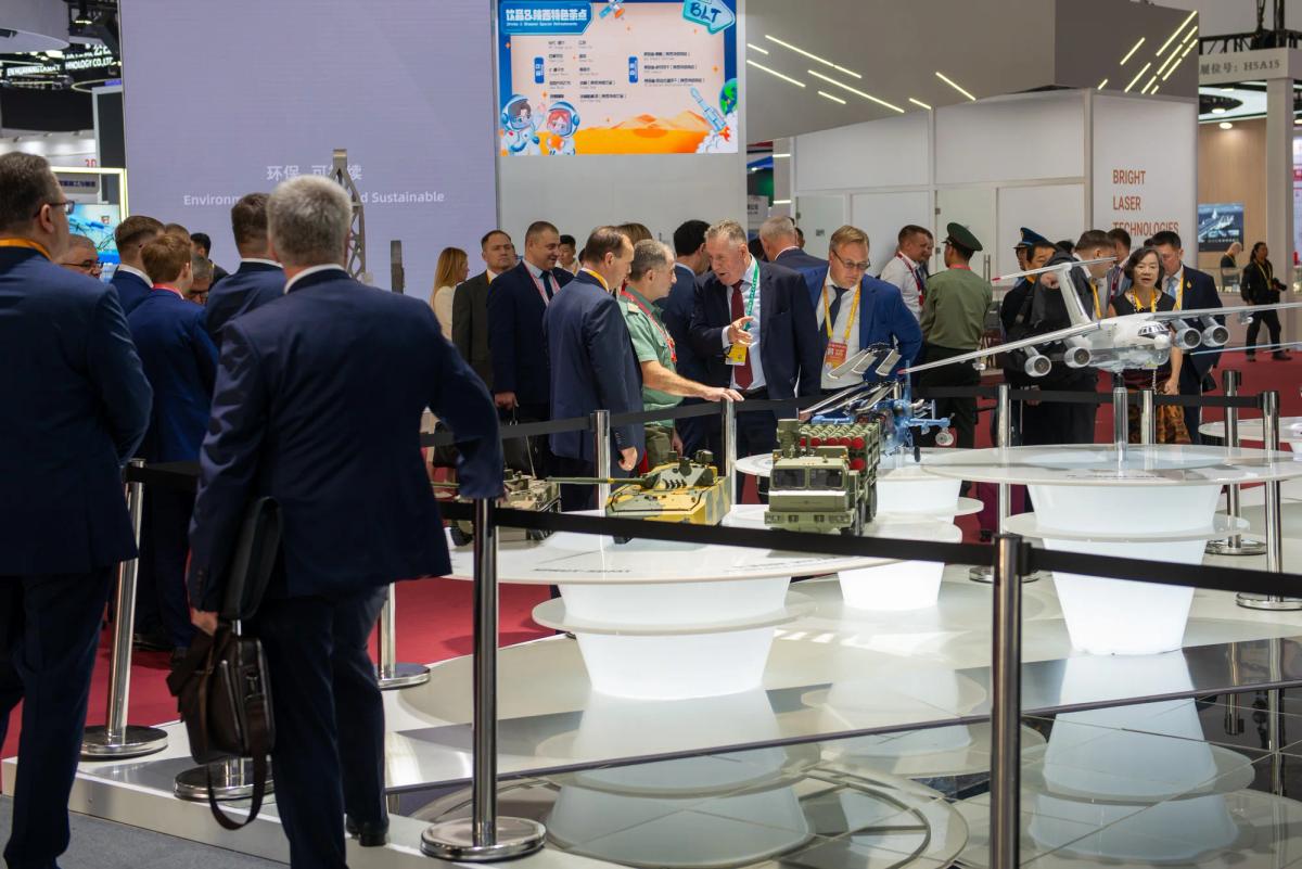 Aerospace exhibition stand at China Air Show featuring aircraft displays and technology showcase