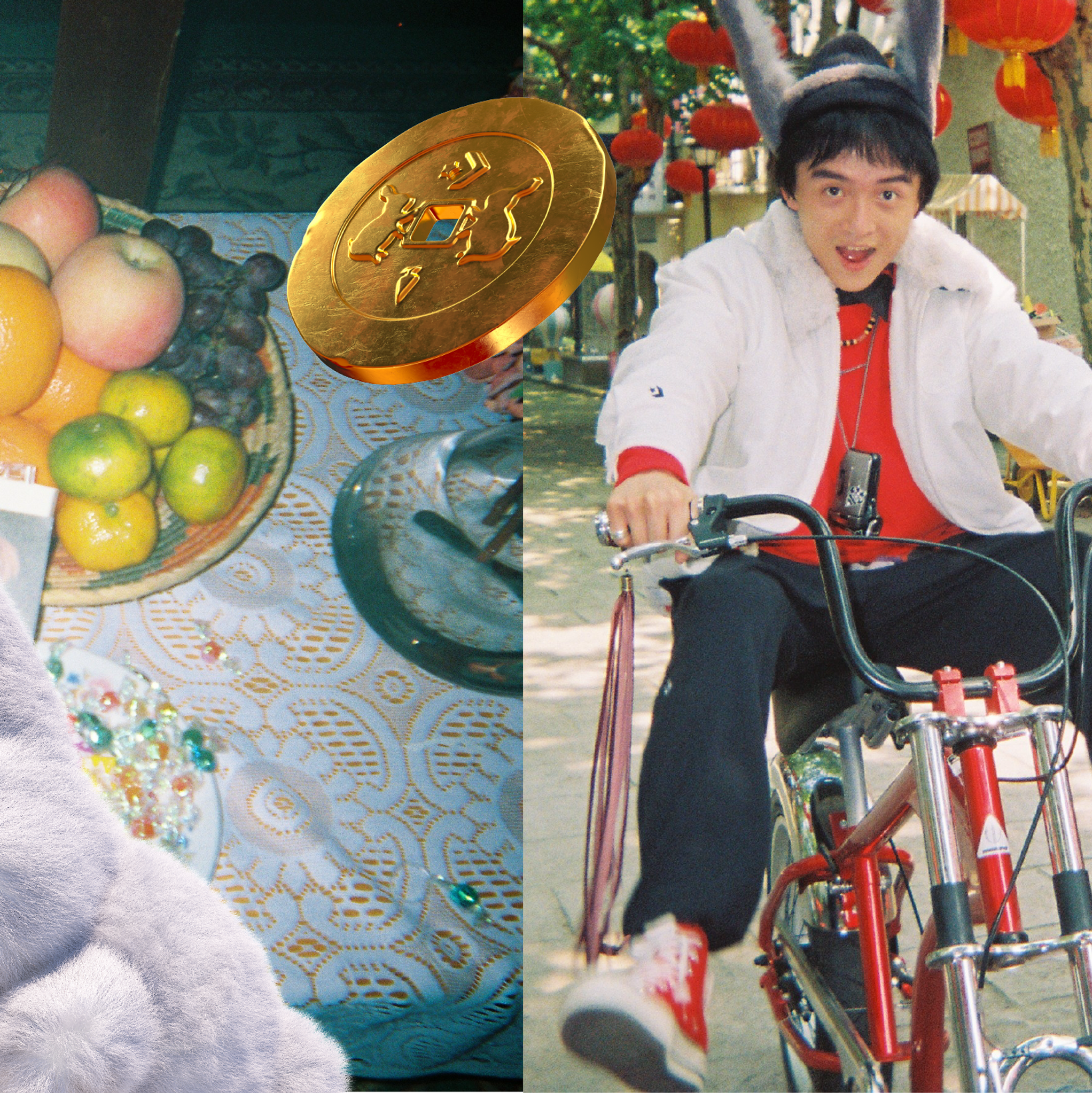 Collage of a rider on a red bicycle beside a fruit bowl and a giant gold coin