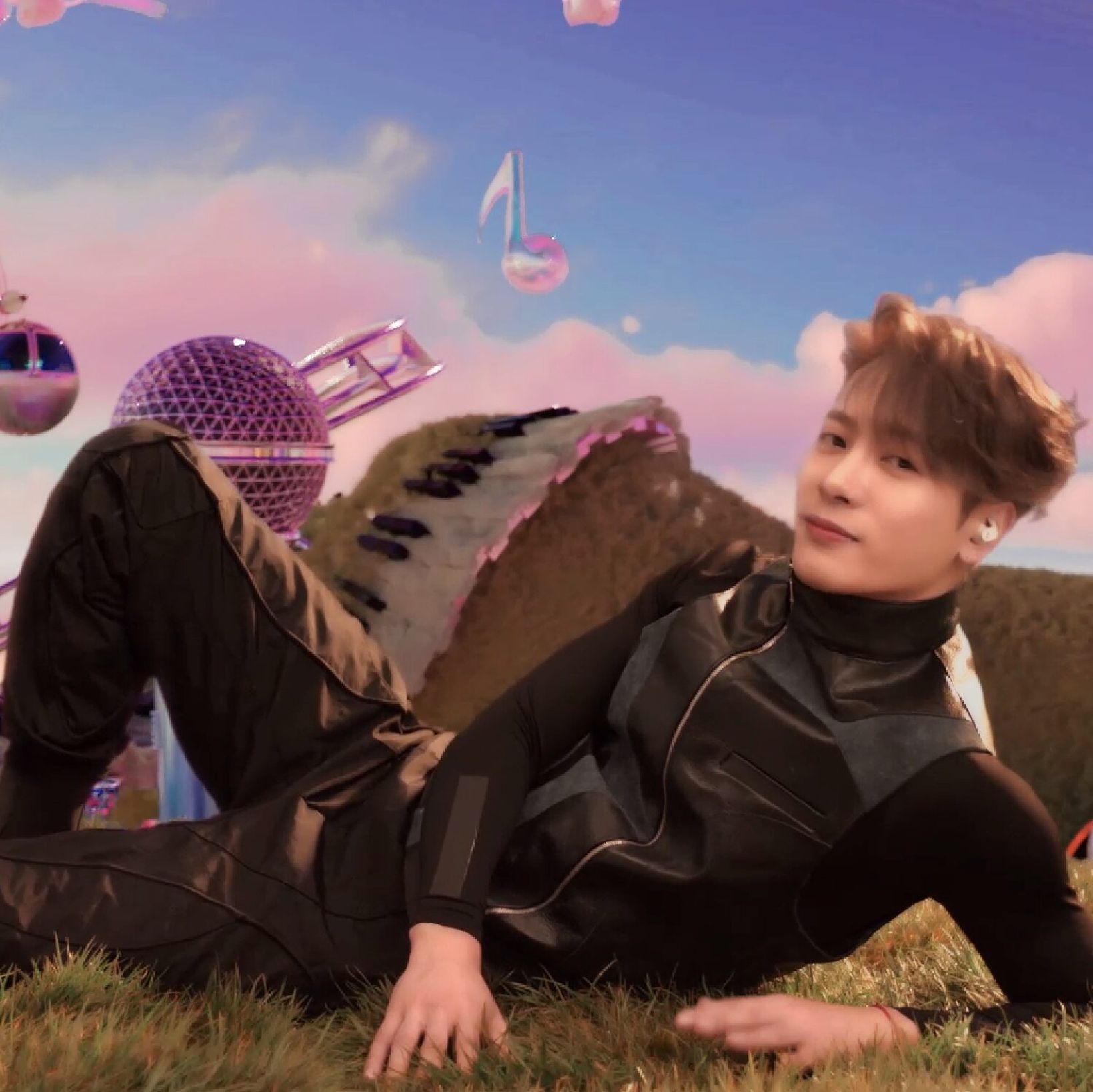 Jackson Wang reclining among surreal musical instruments