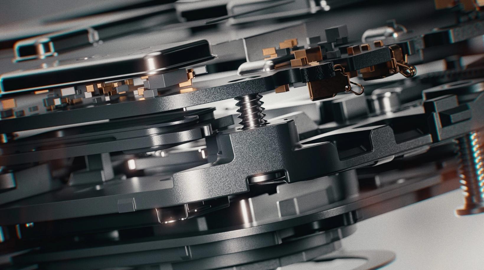 Close-up of layered mechanical phone components