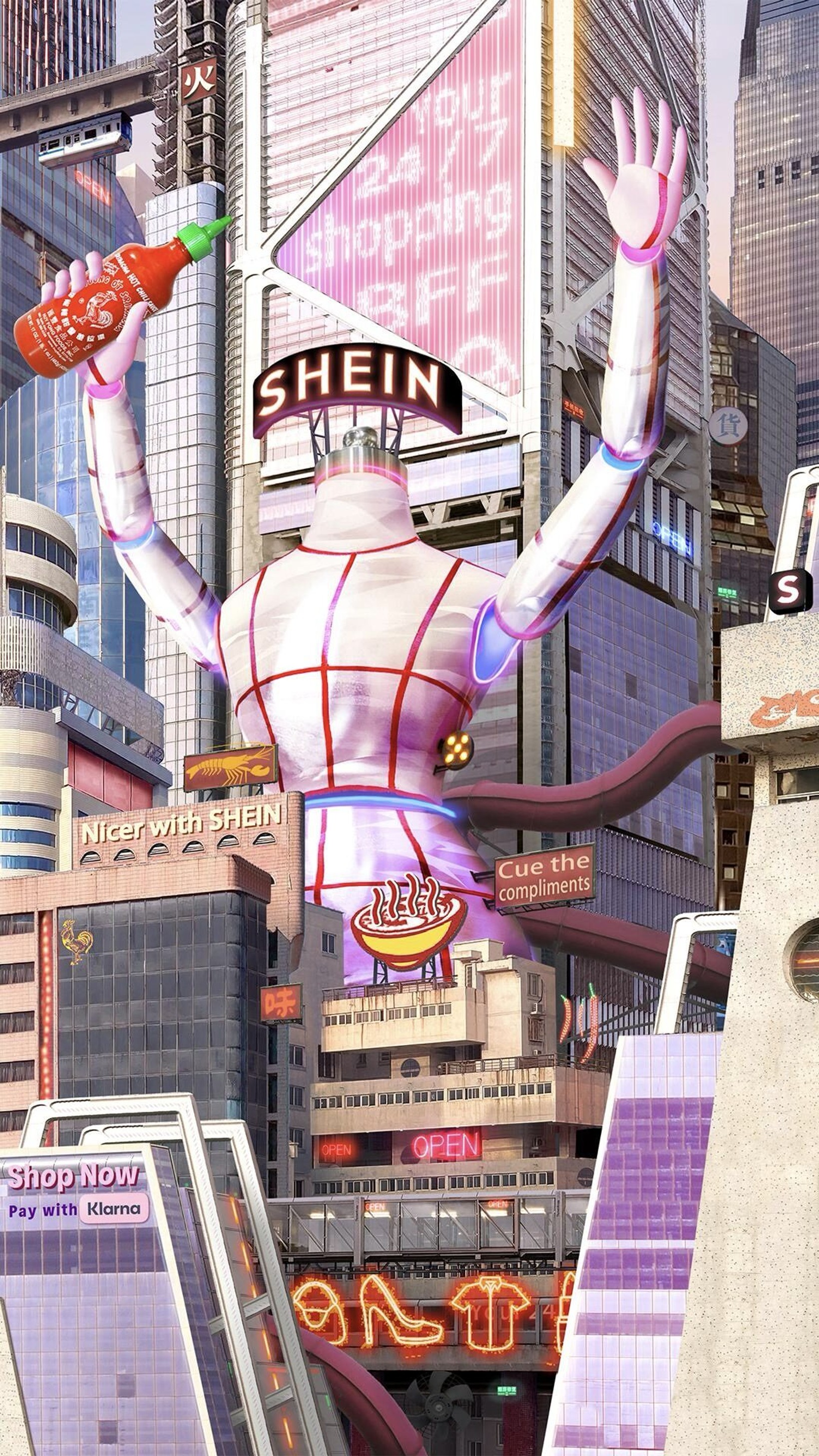 Giant SHEIN mannequin holding a Sriracha bottle among neon towers in Hotropolis
