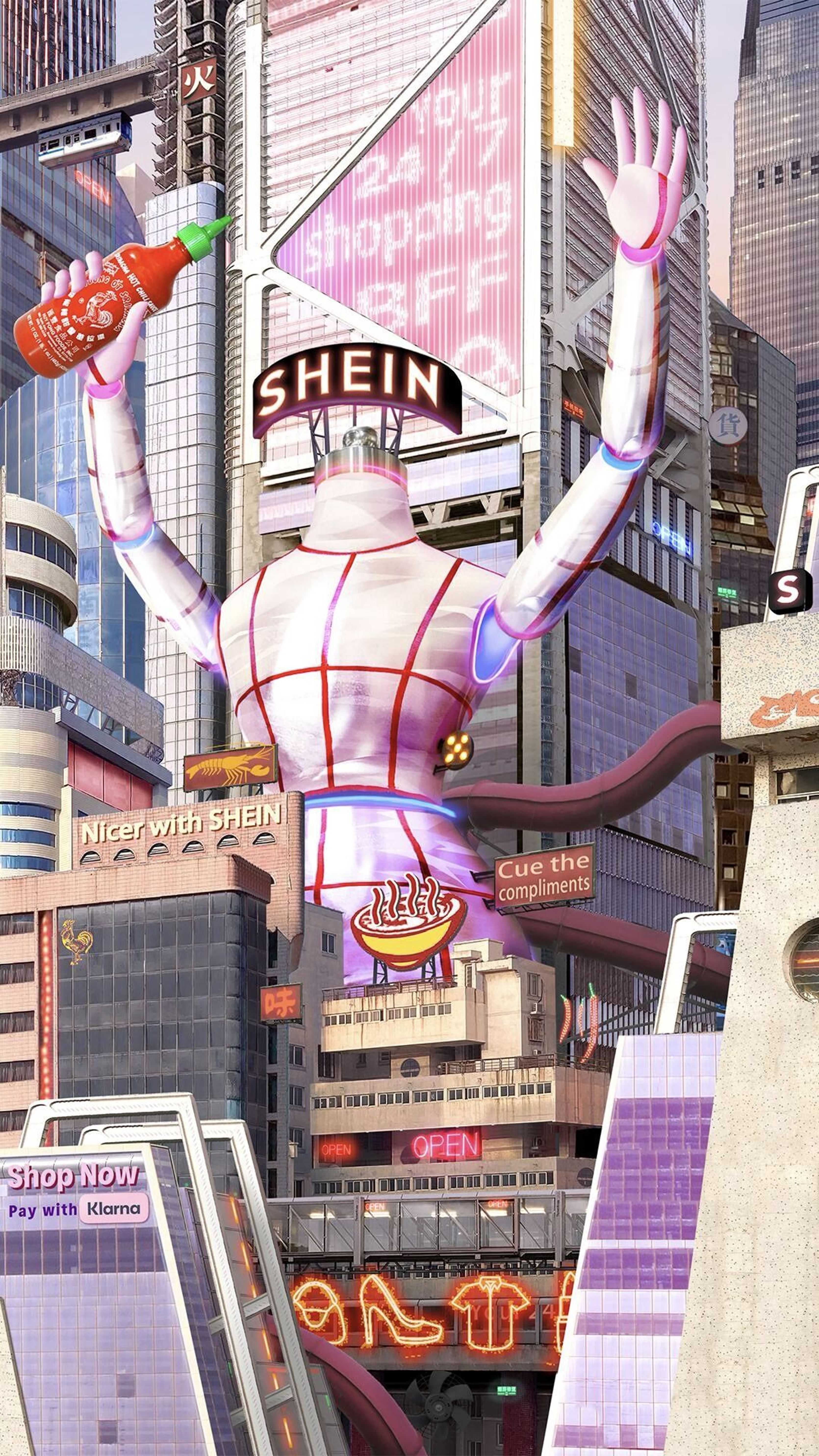 Giant SHEIN mannequin holding a Sriracha bottle among neon towers in Hotropolis