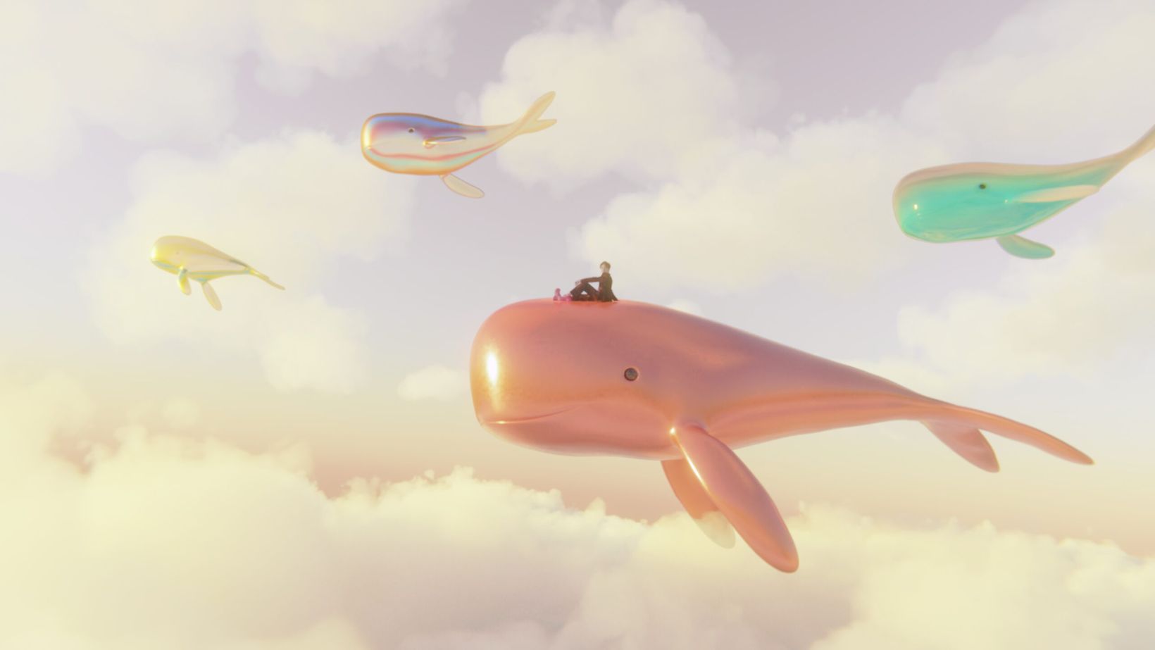 Film still of a pink whale floating through clouds