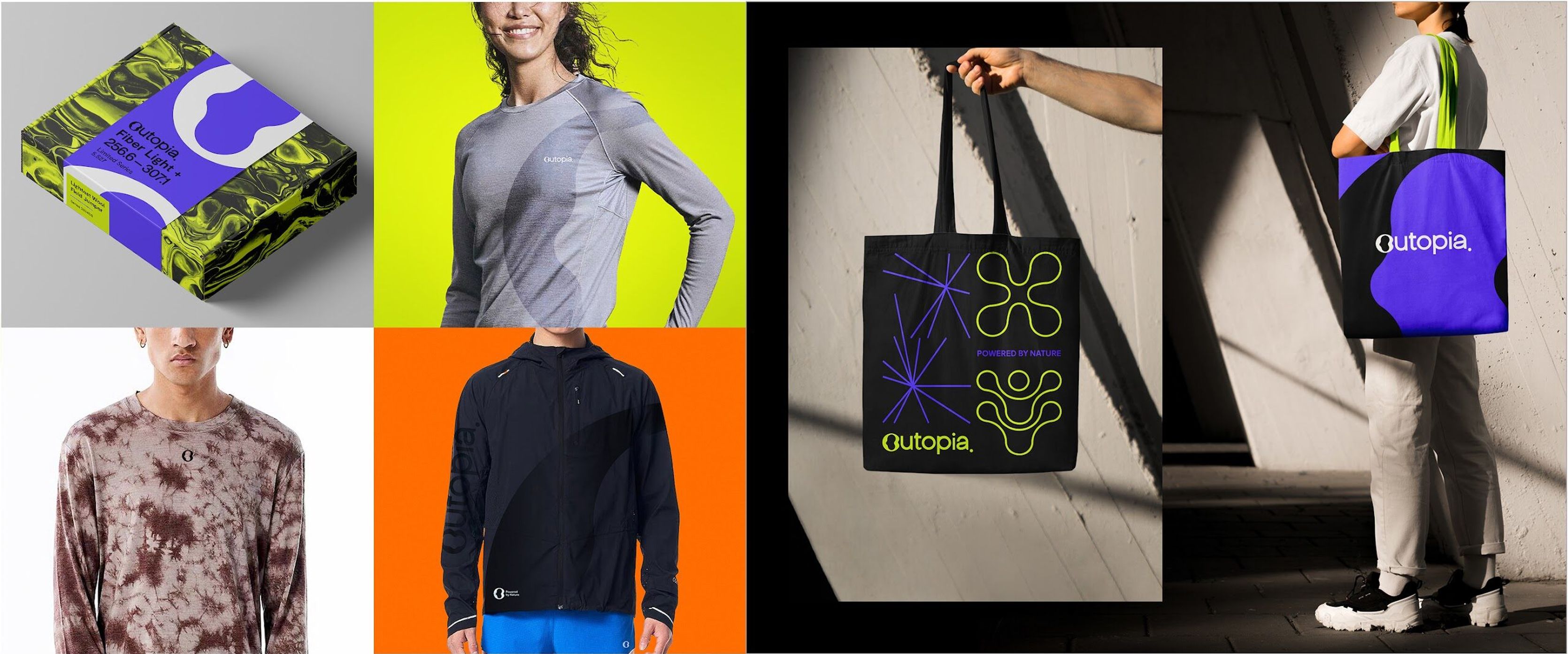 Outopia identity applied to apparel, tote bags and packaging
