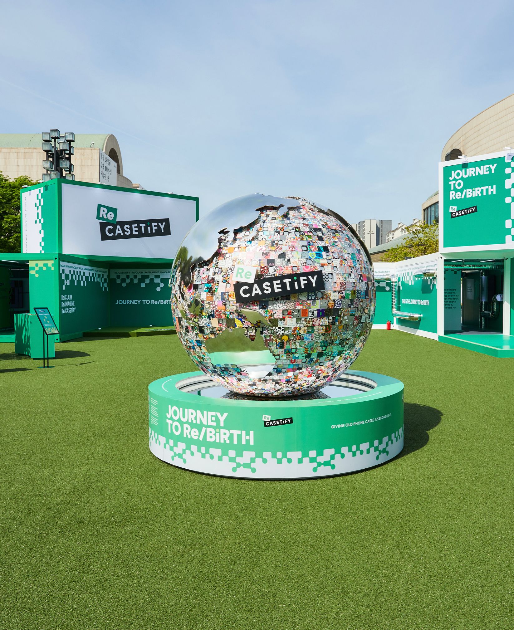 Mirrored globe covered in recycled phone cases at the Journey to Rebirth exhibition in Seoul