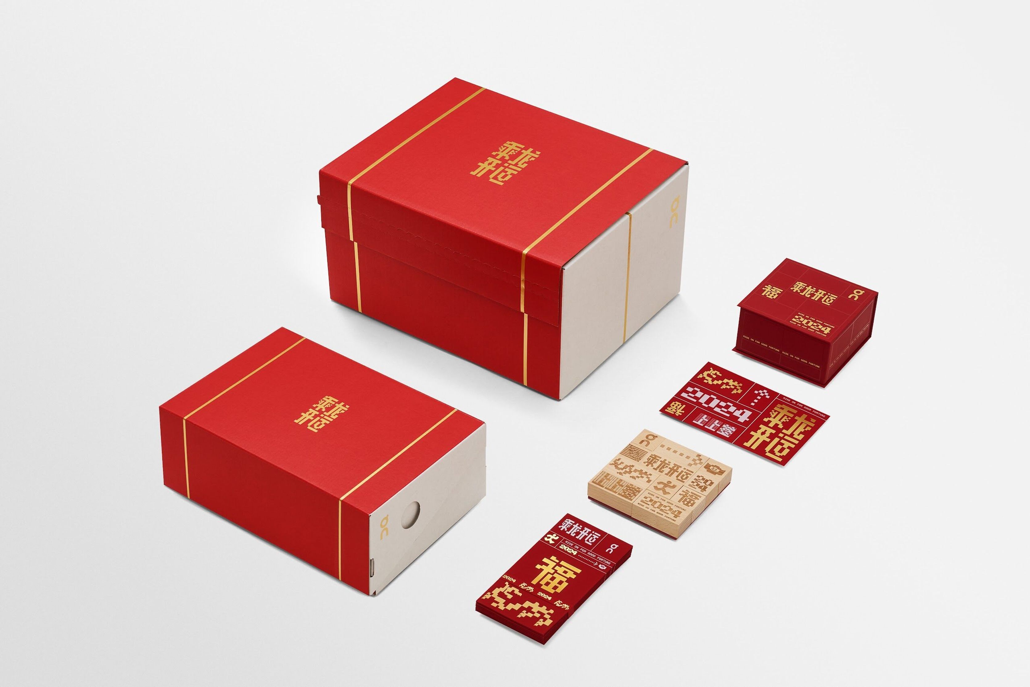 Red Year of the Dragon shoe box with red envelopes and stamp set
