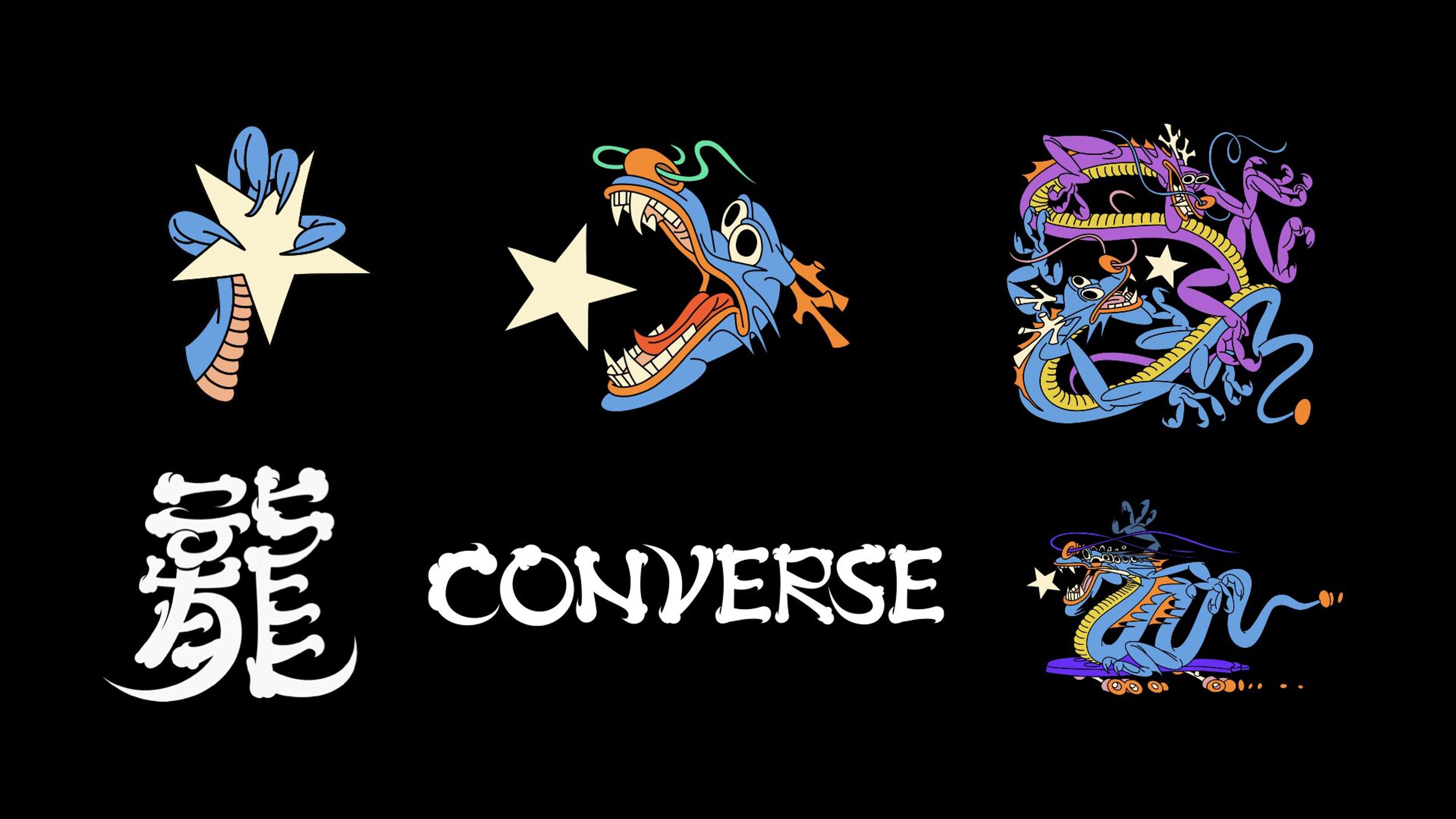 Visual system of illustrated dragons chasing stars beside the Converse wordmark and 龍 character