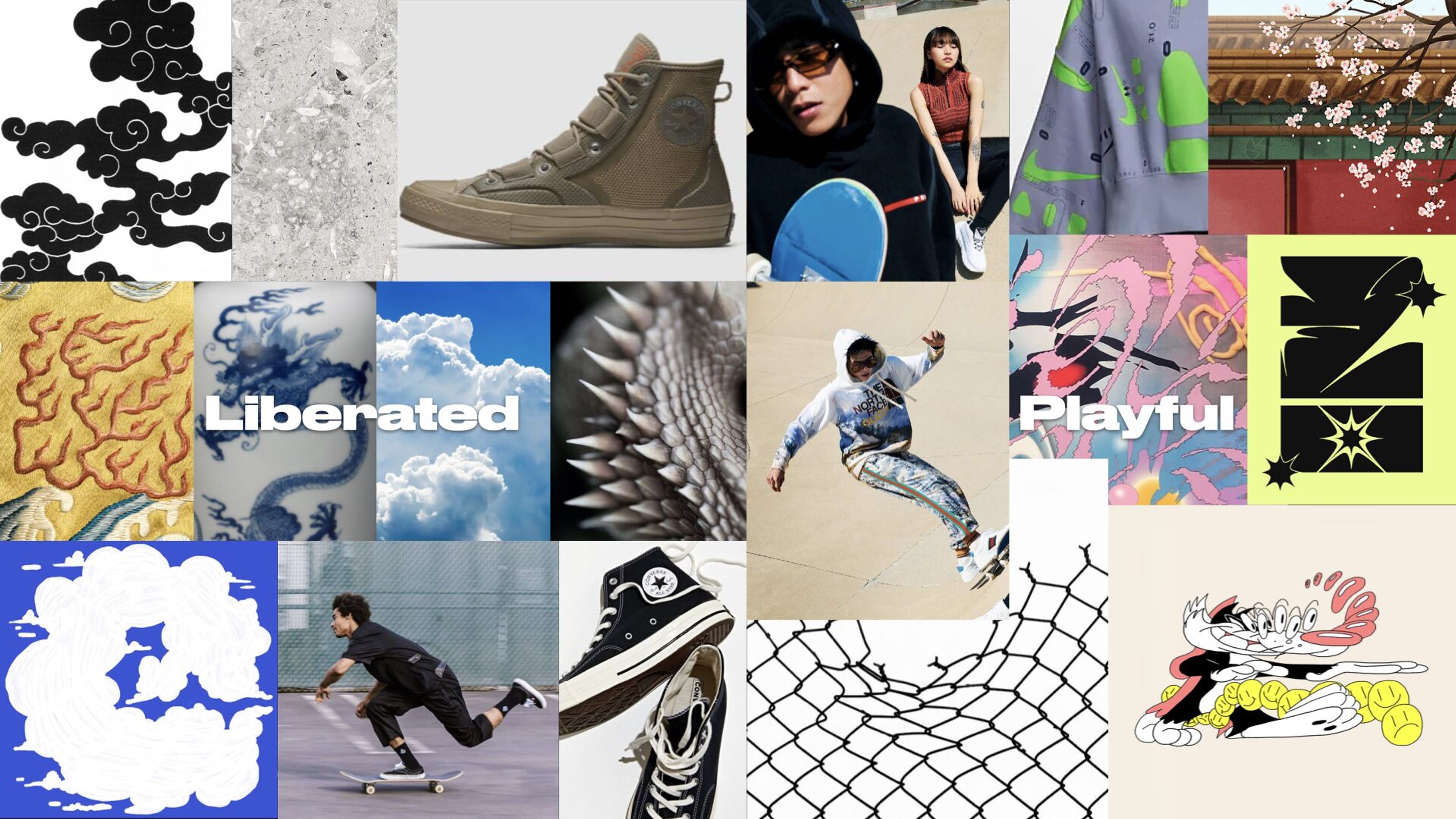 Moodboard collage of skaters, dragon textures and Converse sneakers