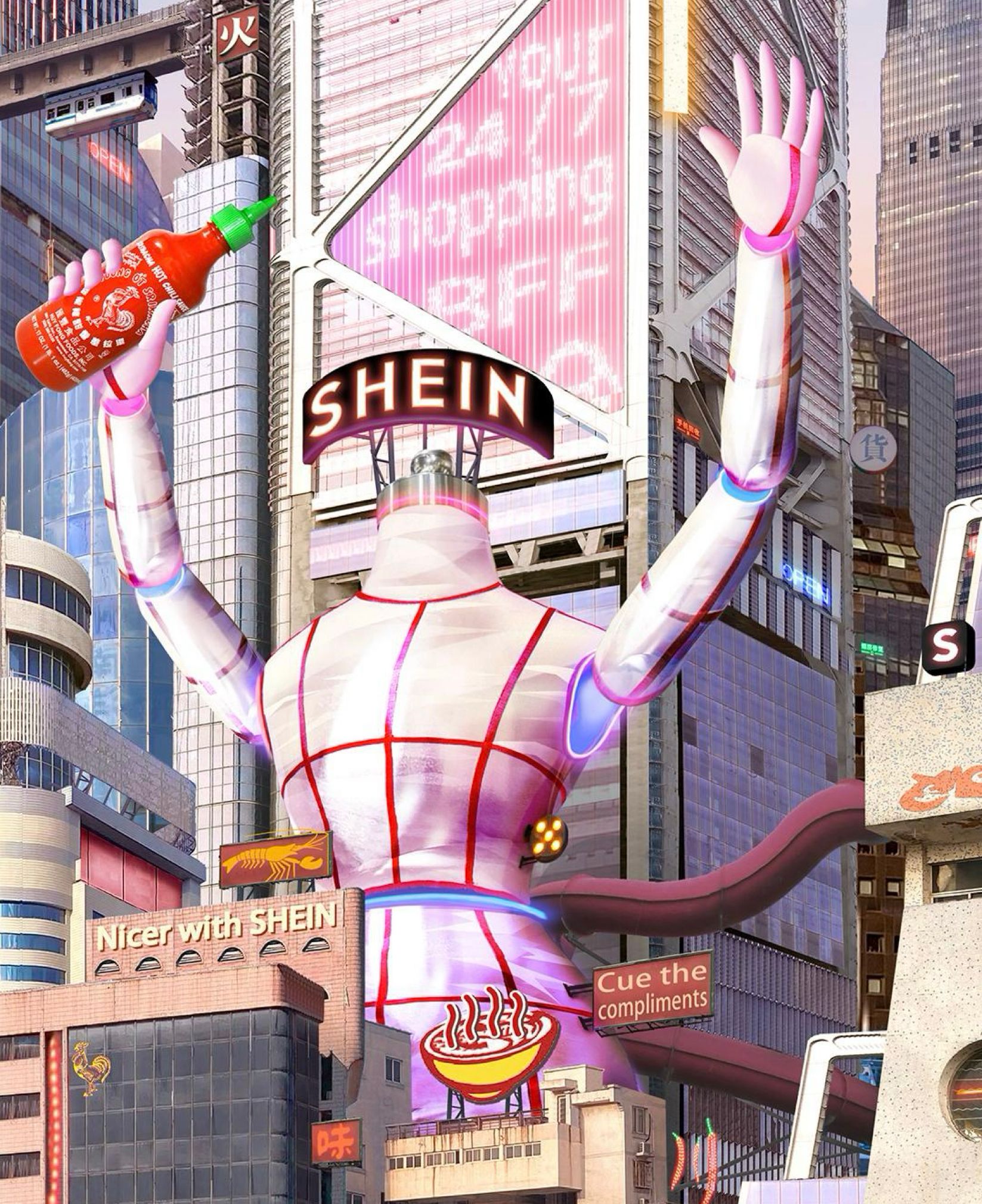 Giant SHEIN mannequin holding a Sriracha bottle above a surreal neon city