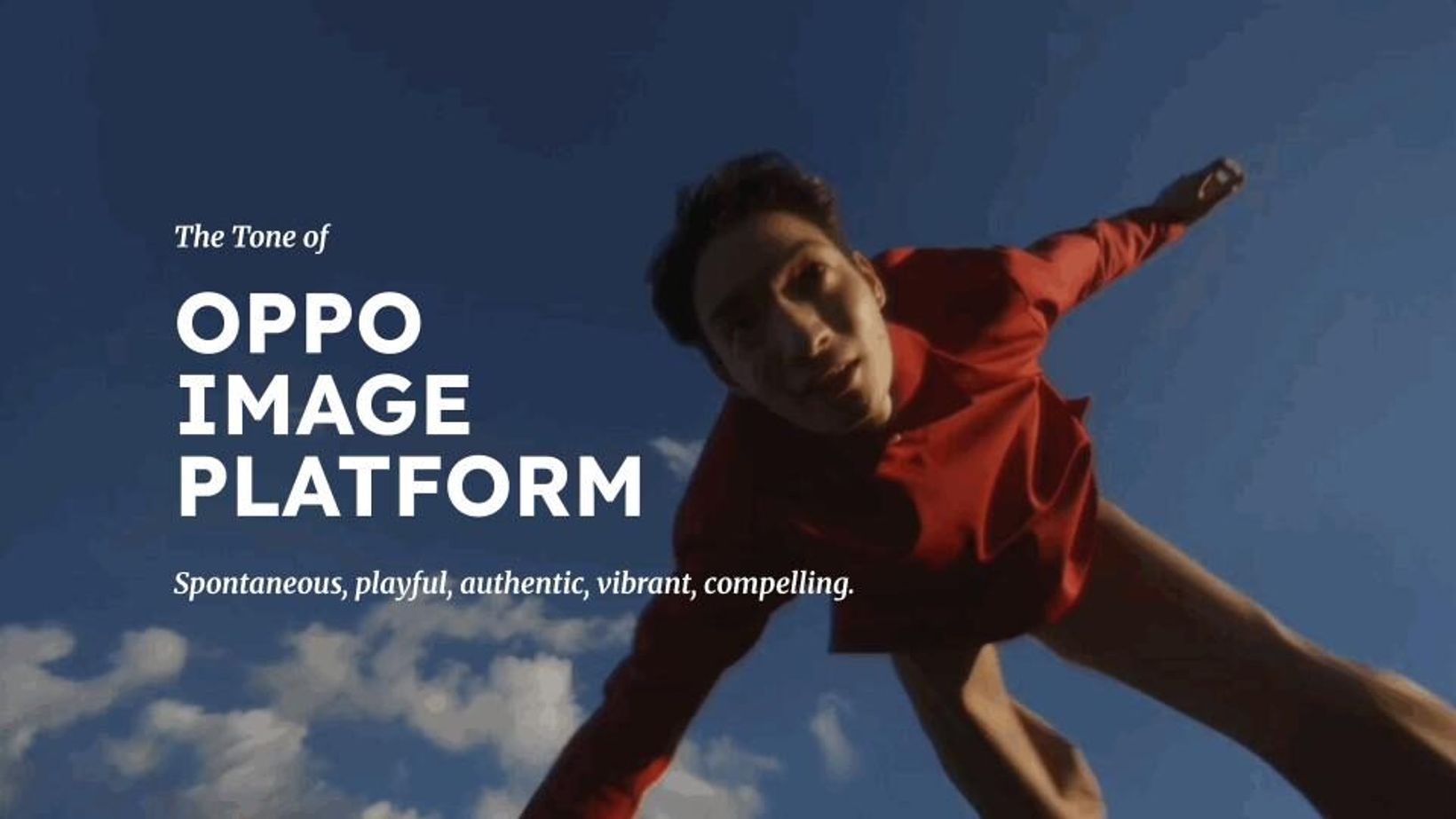 Slide on the tone of the OPPO Image Platform with a person leaping against a blue sky