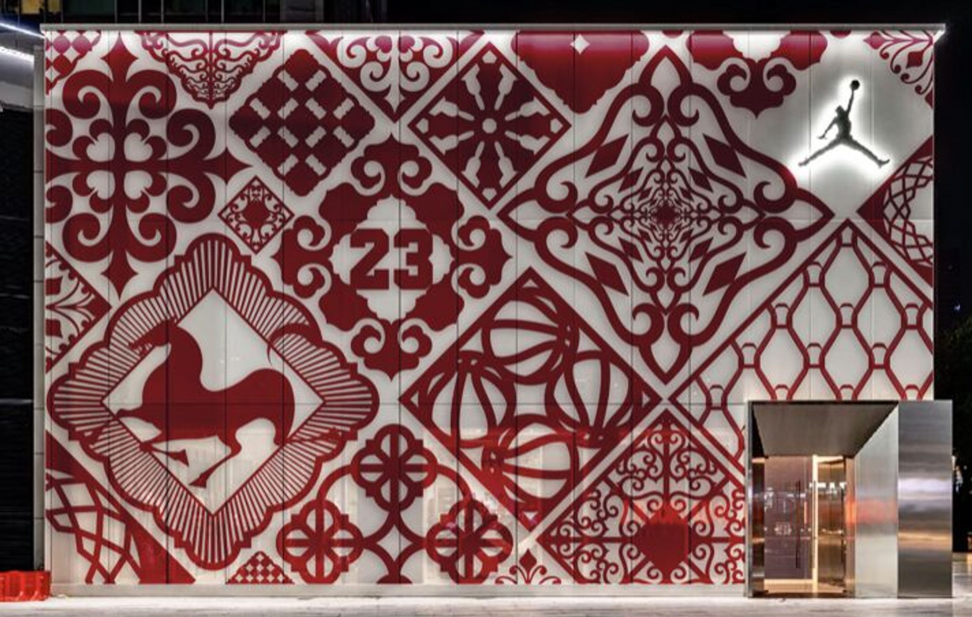 Red and white Chinese New Year papercut storefront with a Jumpman logo