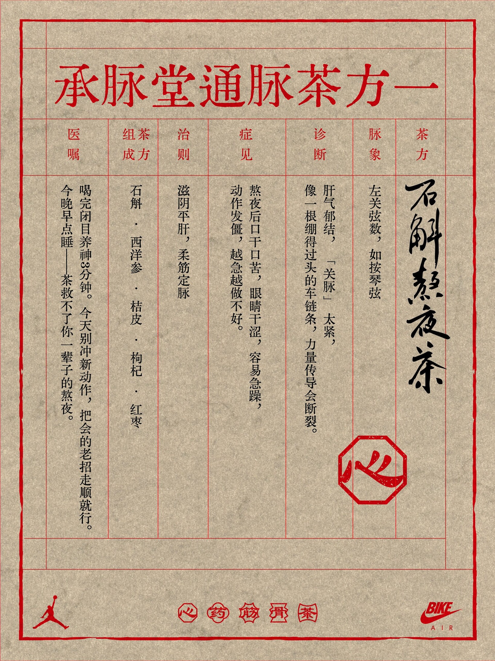Herbal tea prescription sheet designed on red-ruled rice paper