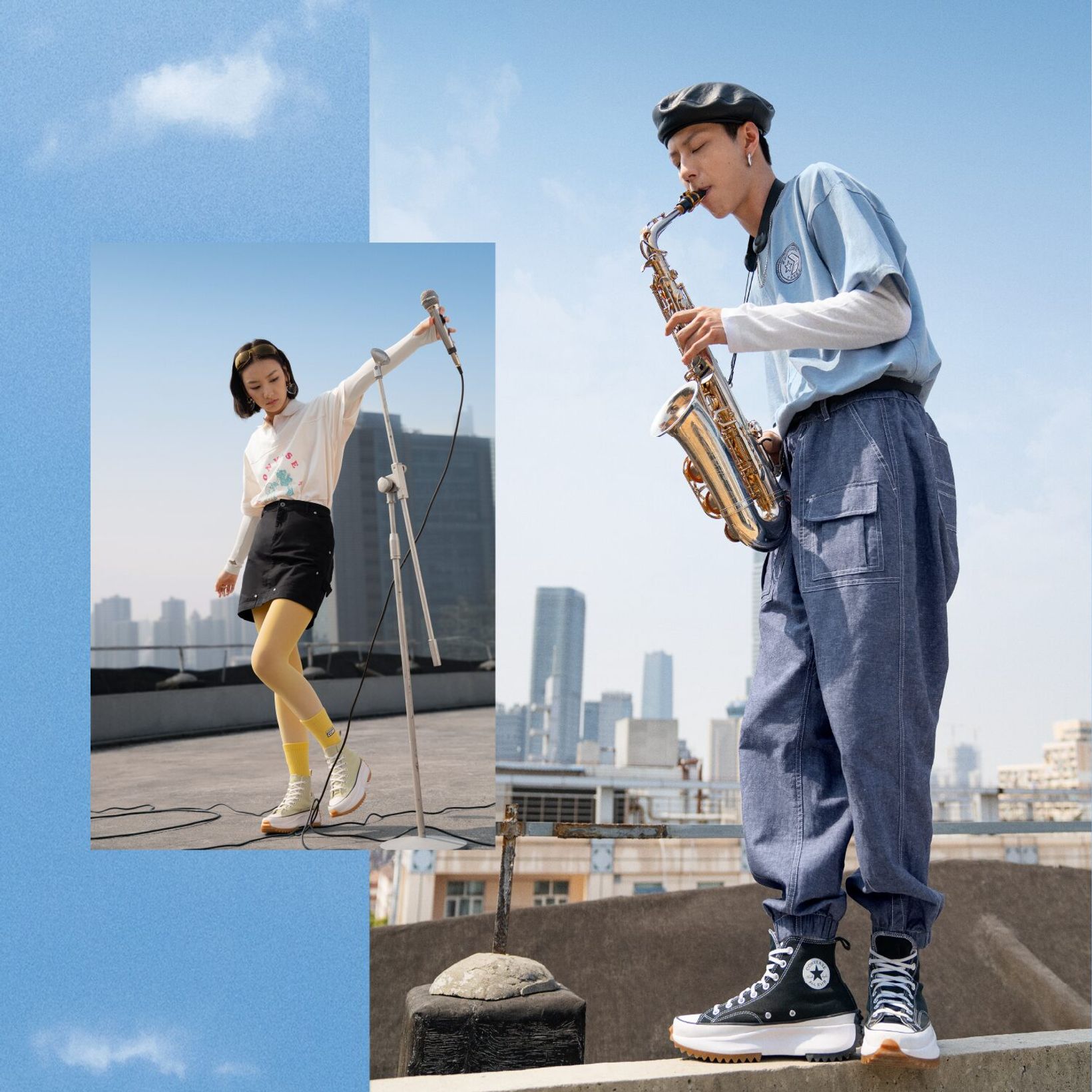 Lookbook collage of musicians with a saxophone and microphone on a rooftop against clouds
