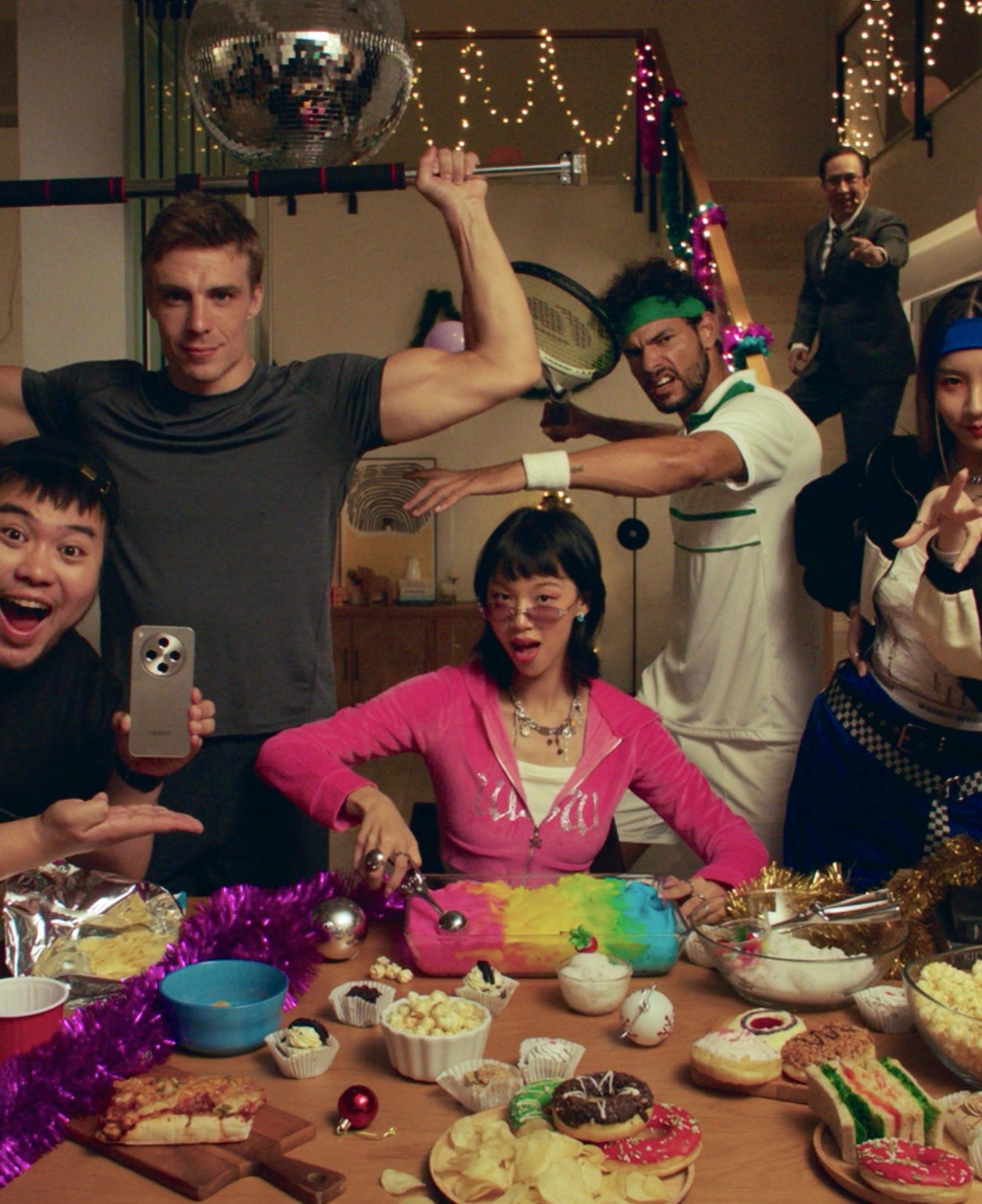 Holiday dinner table crowded with characters from social media feeds