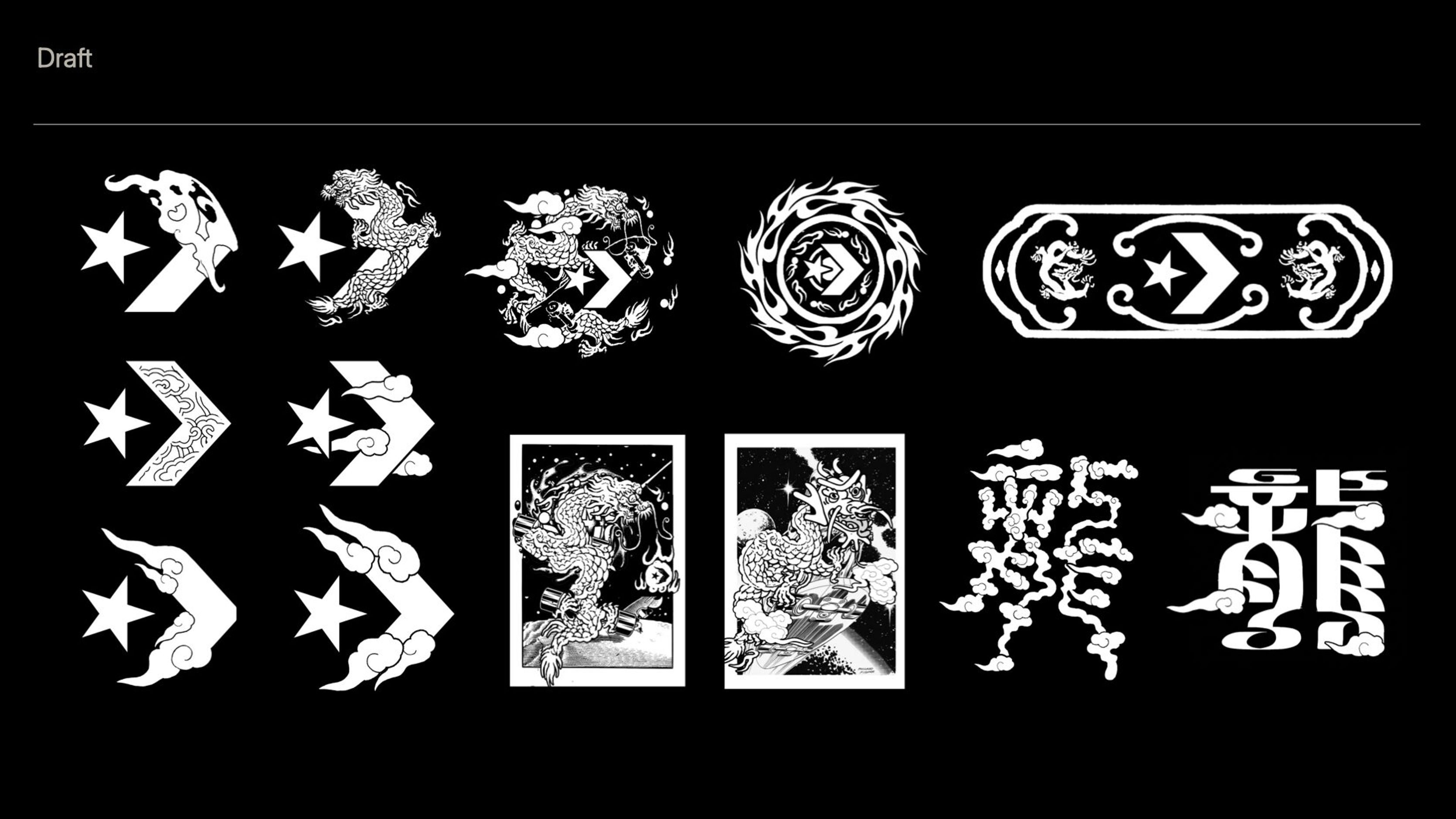 Draft graphic marks combining dragons, stars and Converse chevrons