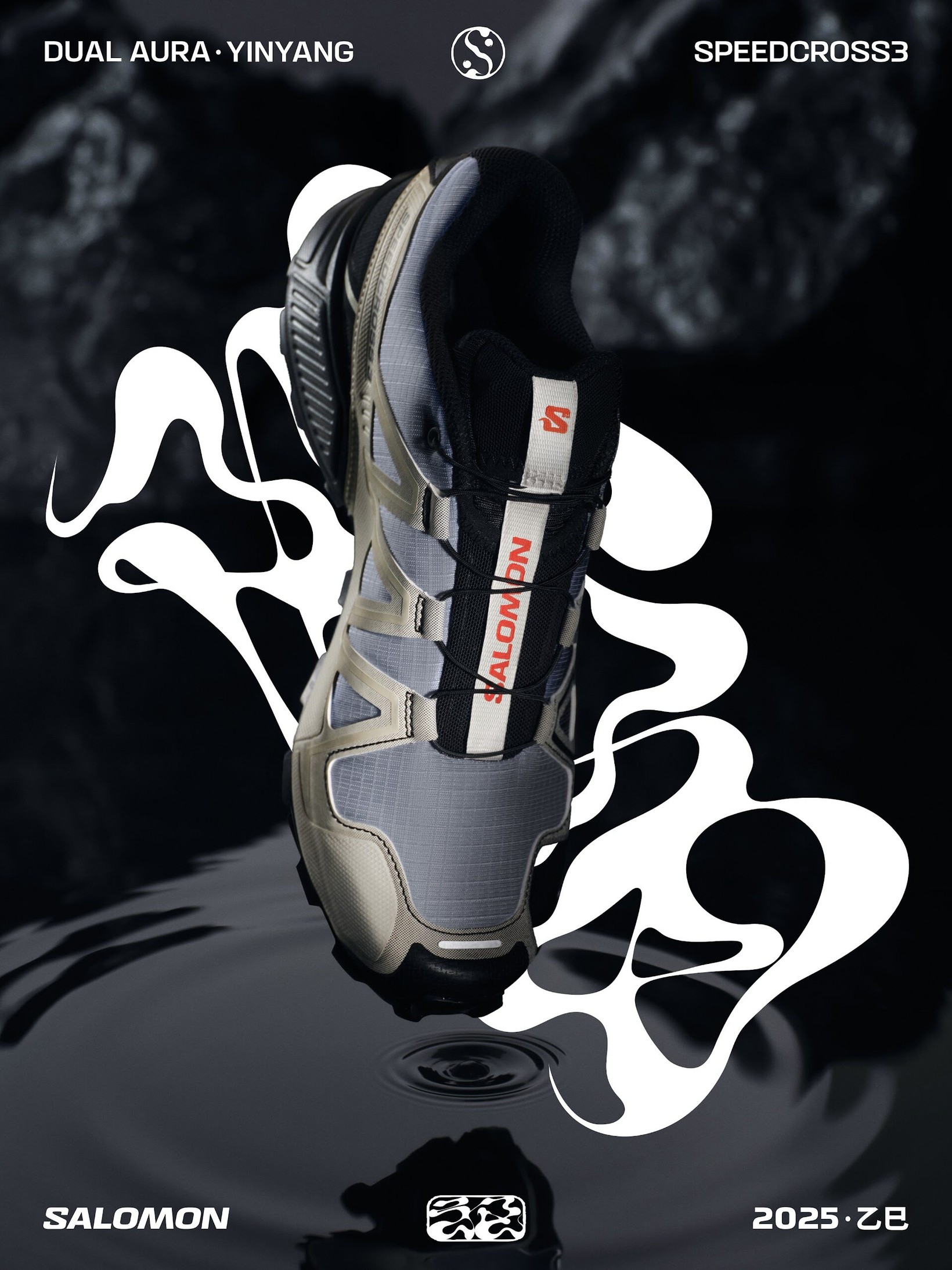 Salomon Speedcross 3 wrapped in white calligraphic forms on black
