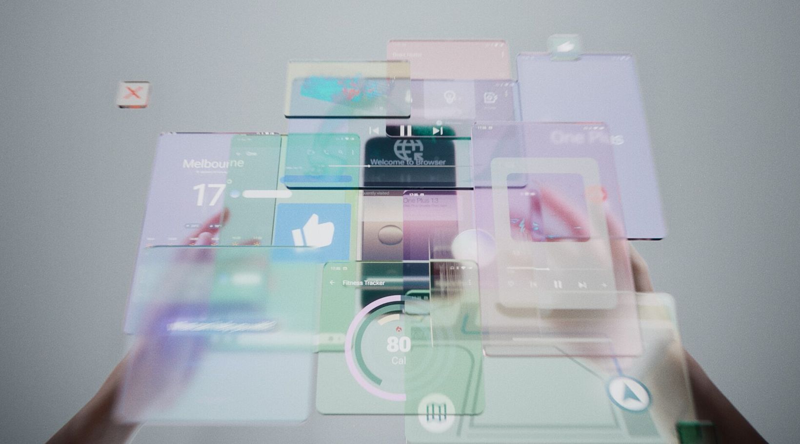 Hands holding a floating stack of translucent app screens