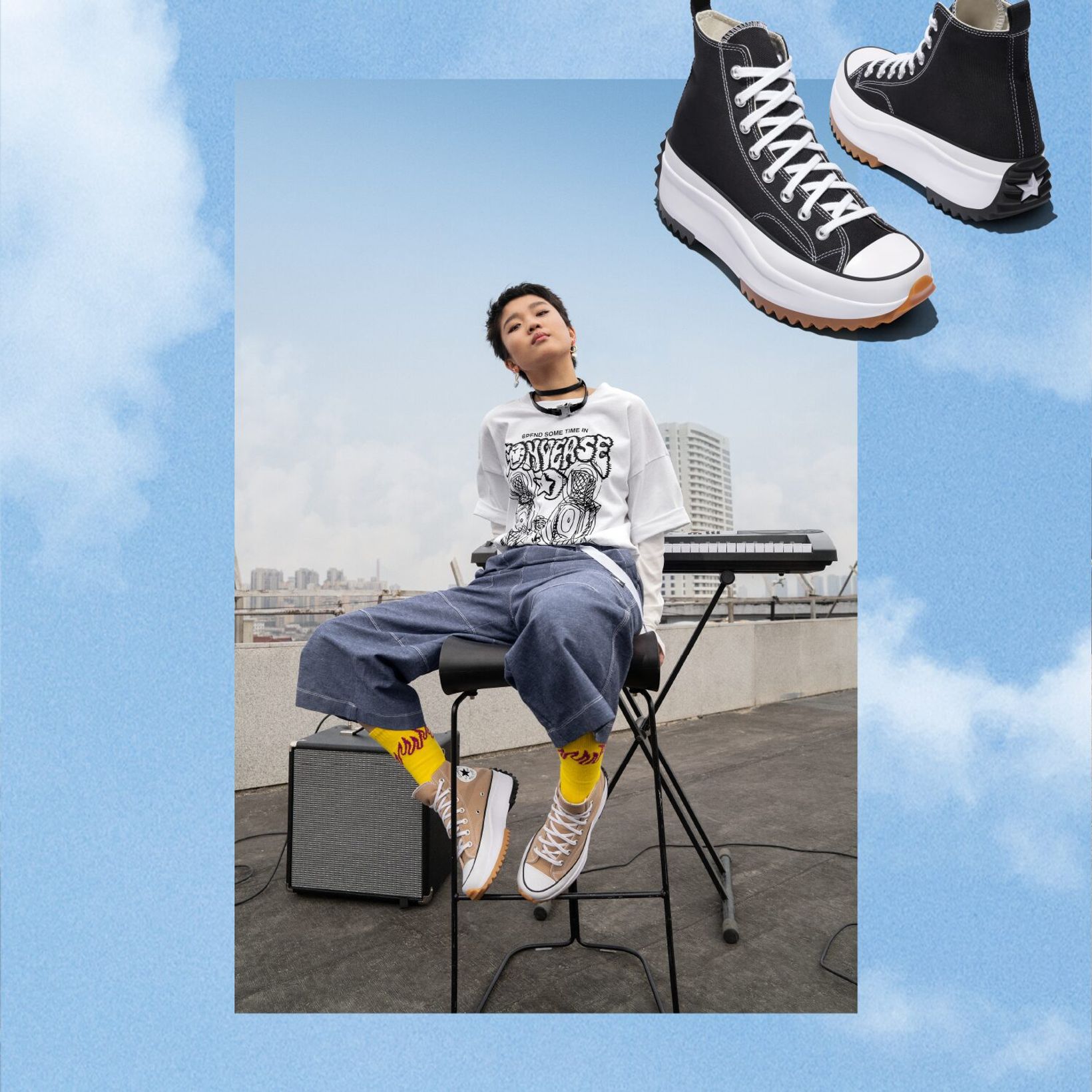 Lookbook image of a keyboard player in Converse high-tops with floating sneakers