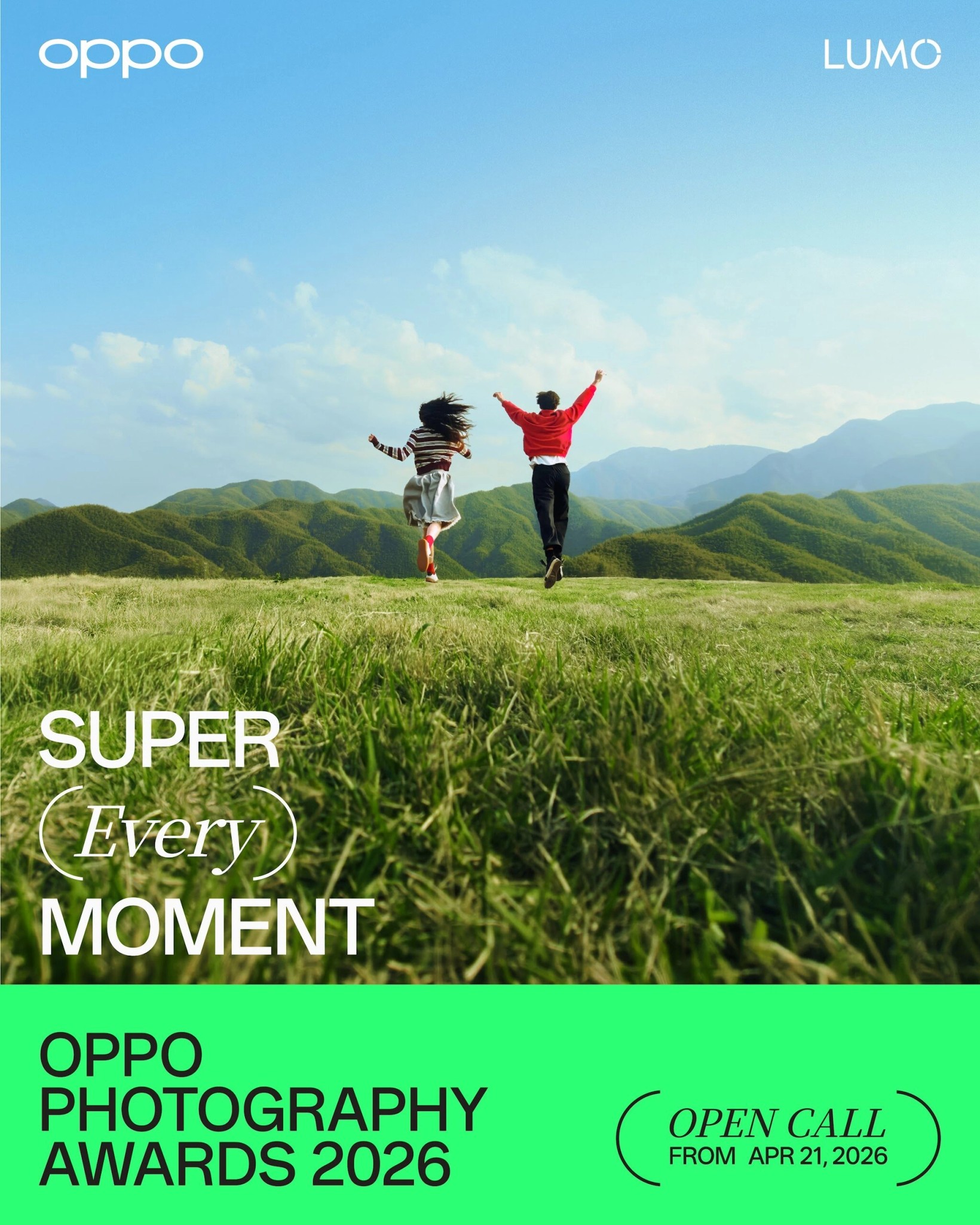 OPPO Photography Awards 2026 key visual of two people leaping on a green hillside