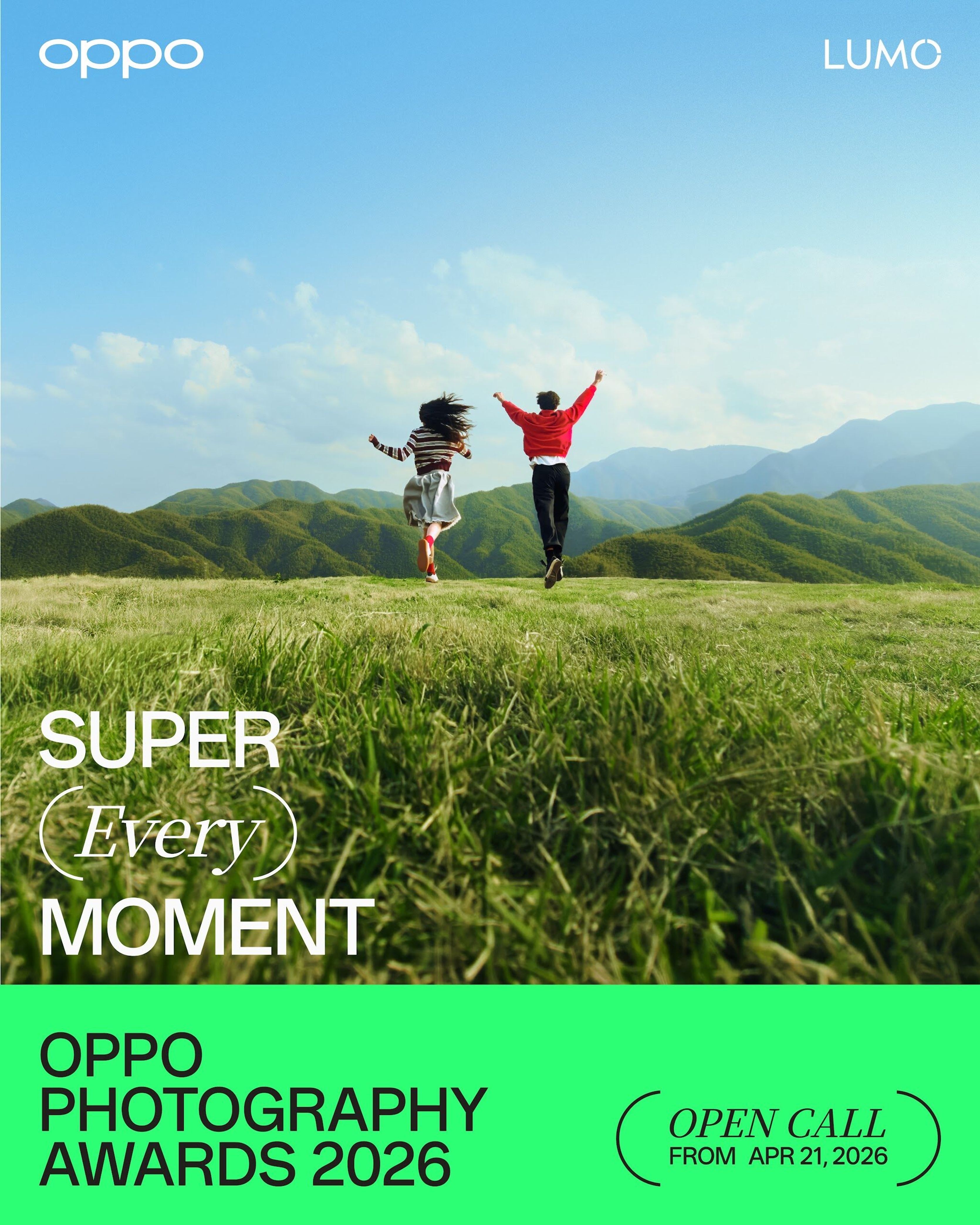 OPPO Photography Awards 2026 key visual of two people leaping on a green hillside