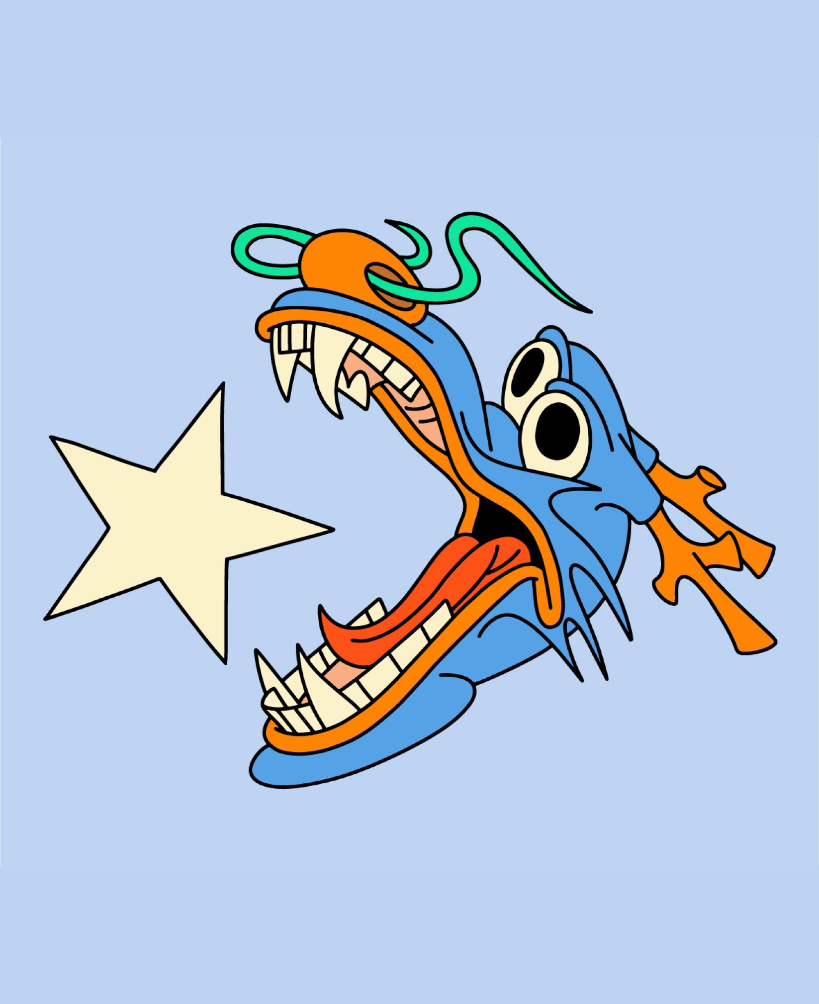 Illustrated blue dragon chasing a Converse star