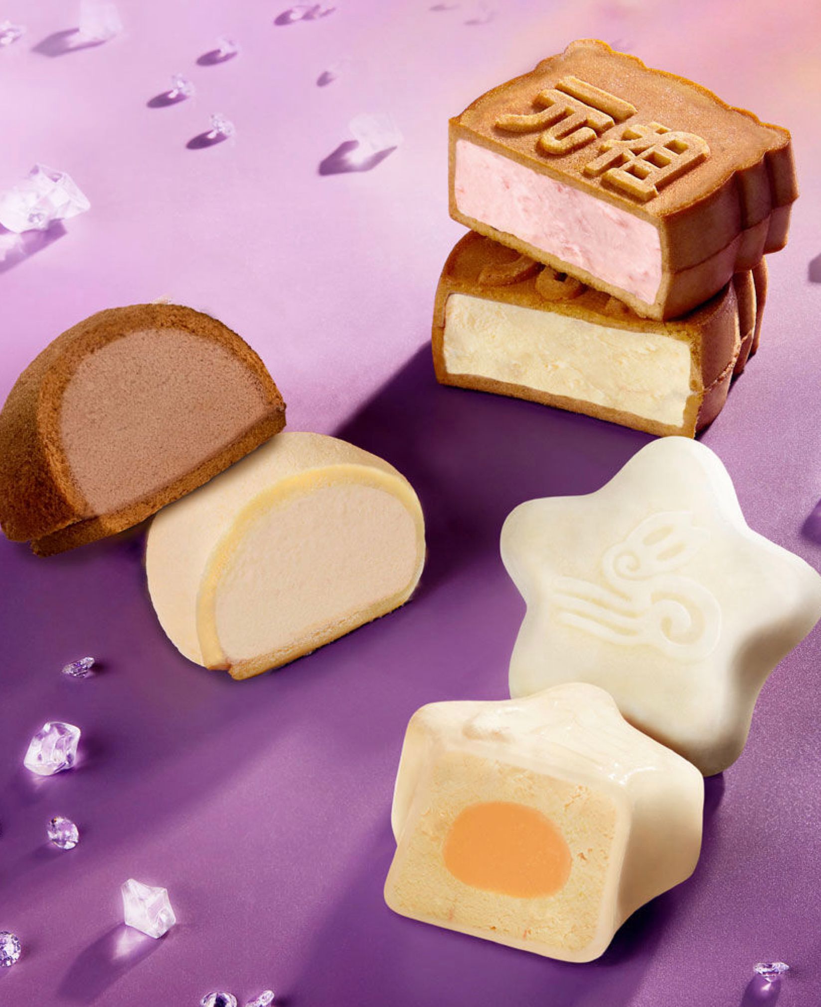 GANSO ice-skin mooncakes on a lilac background