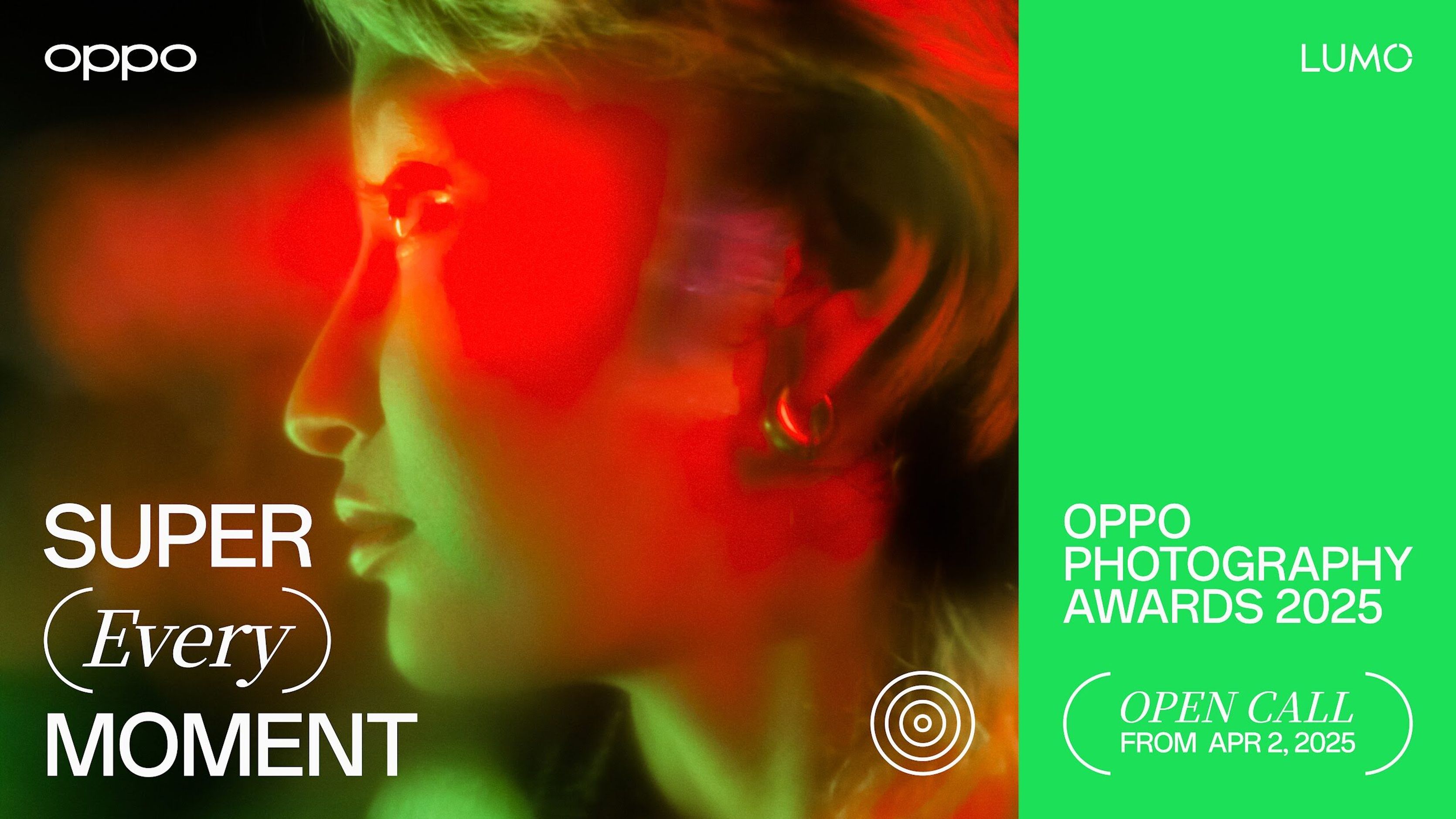 Super Every Moment key visual for the OPPO Photography Awards 2025 with a face lit in red
