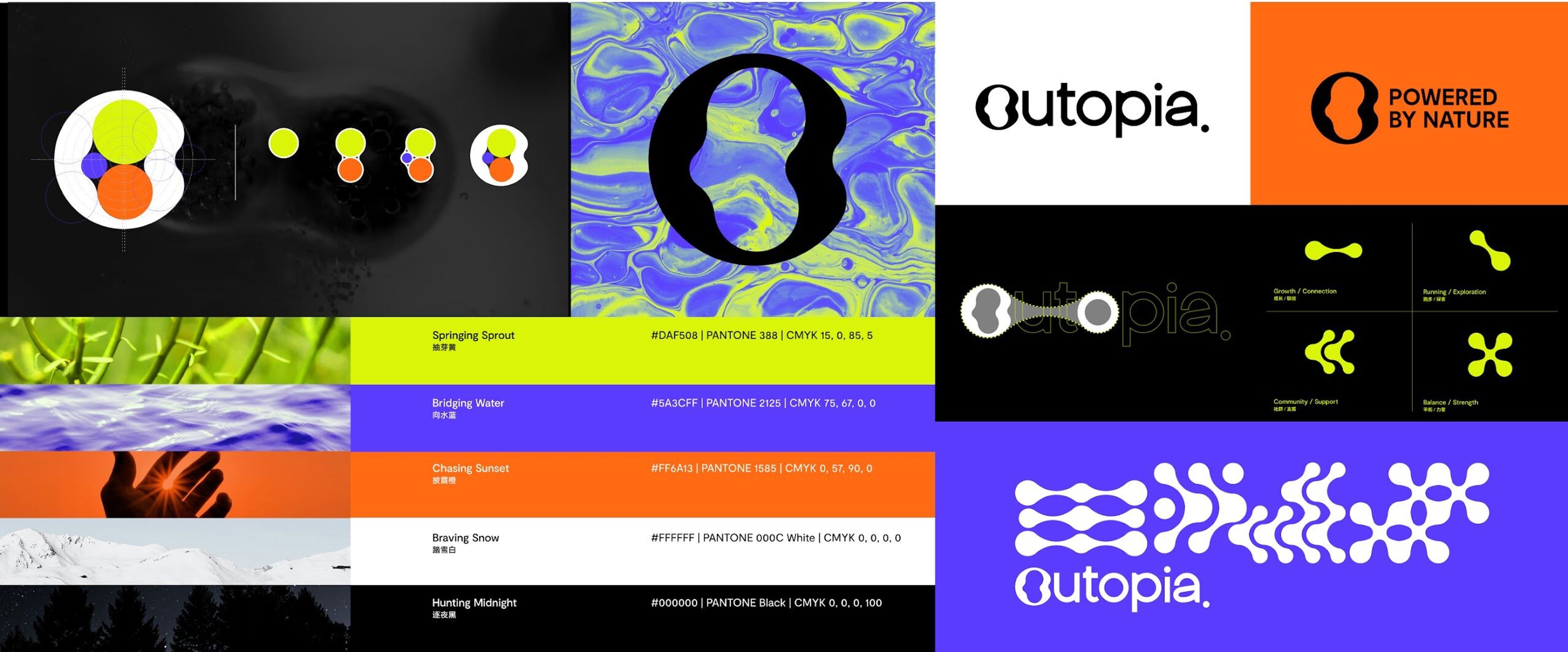 Outopia identity board with logomark, logotype, color system and graphic patterns