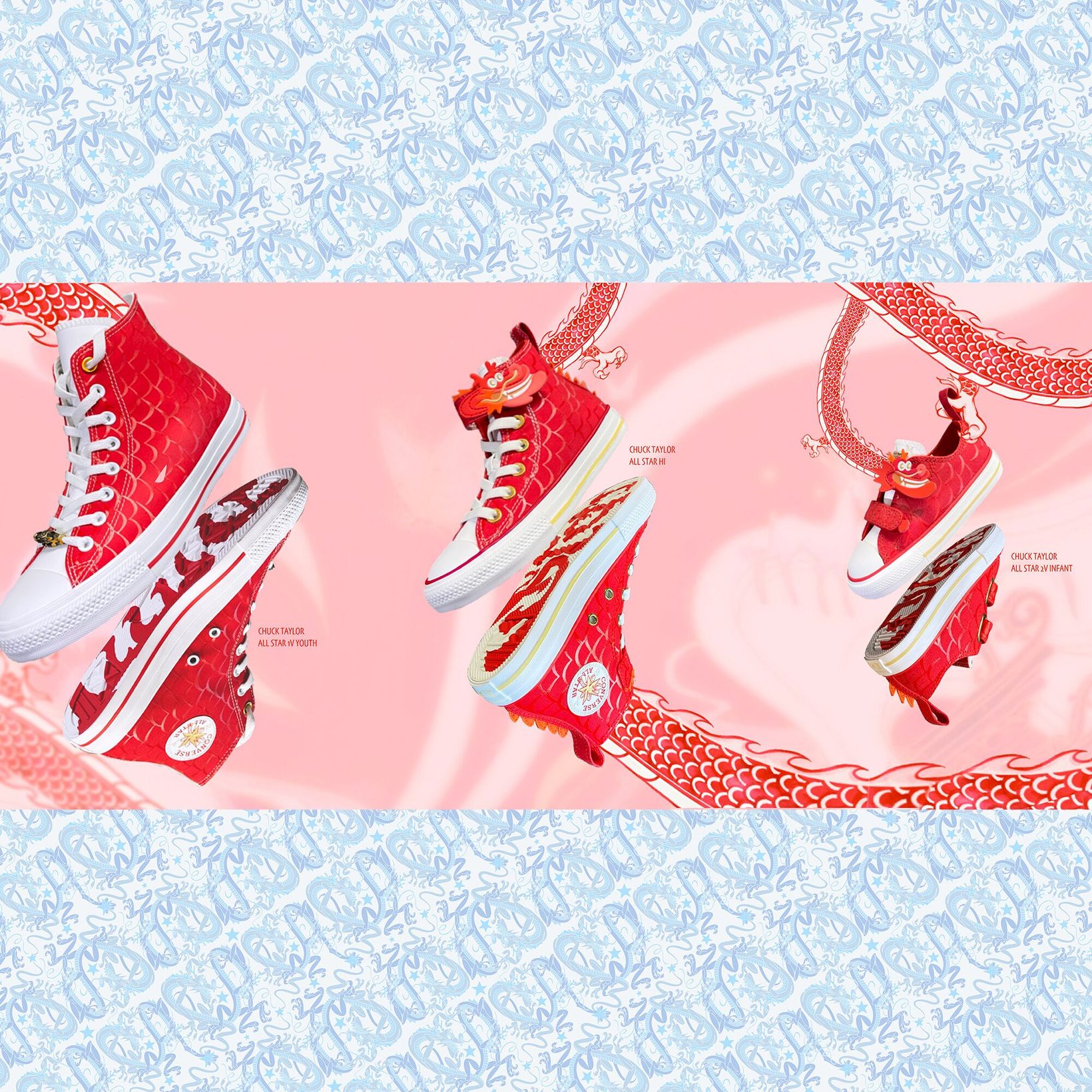 Red Converse dragon sneakers on a pink banner over a blue dragon pattern