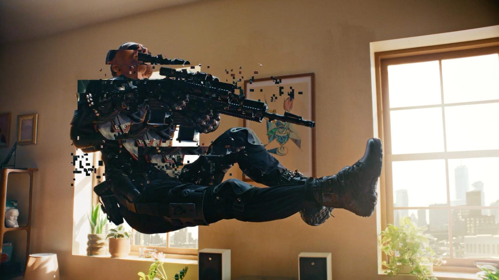 Soldier in tactical gear flying through a sunlit apartment