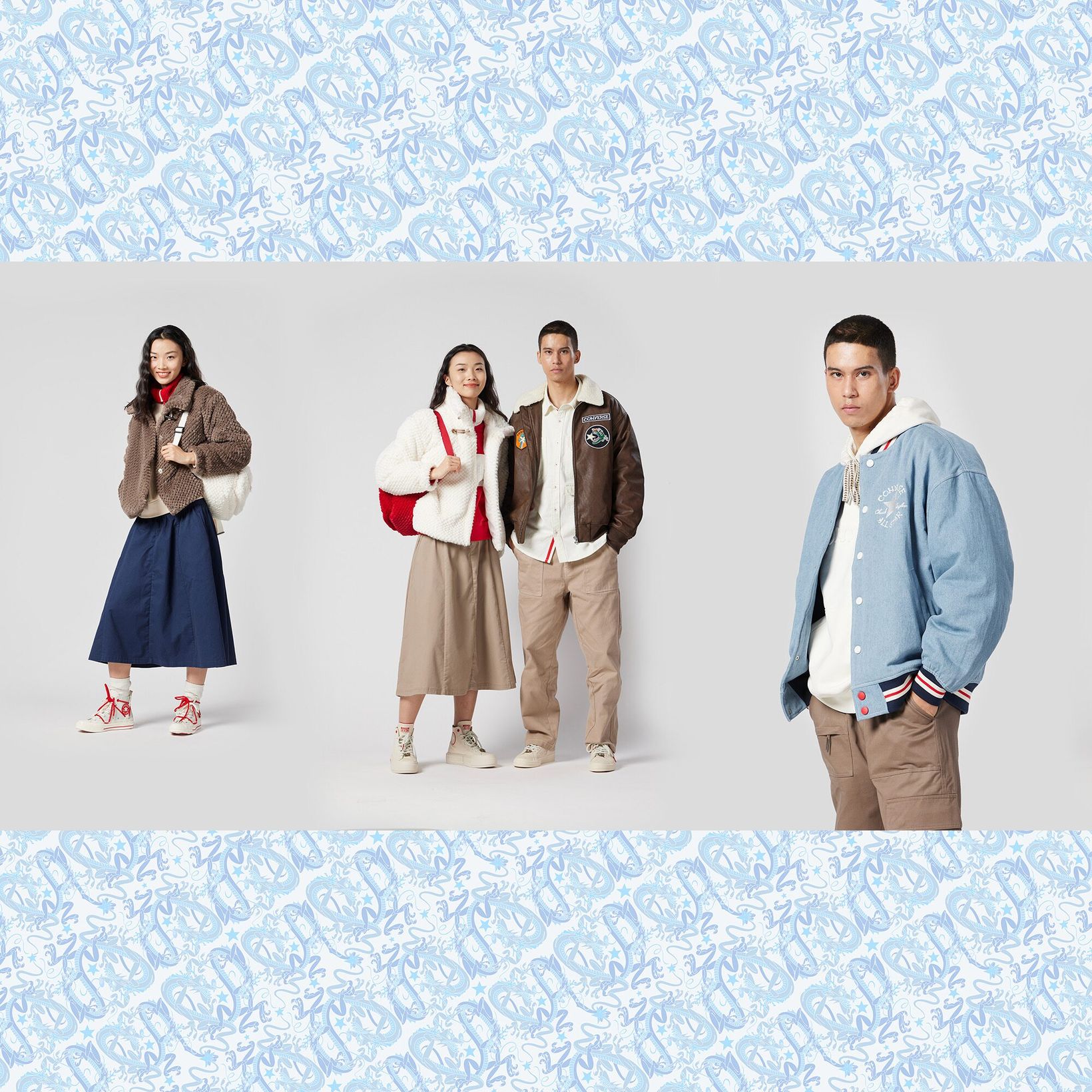 Four models wearing the Converse Year of the Dragon apparel collection