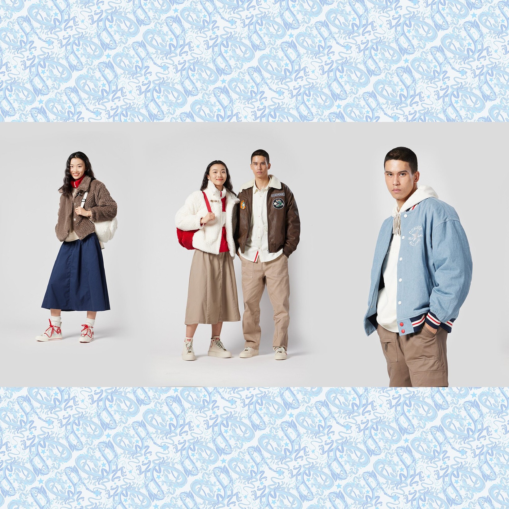 Four models wearing the Converse Year of the Dragon apparel collection