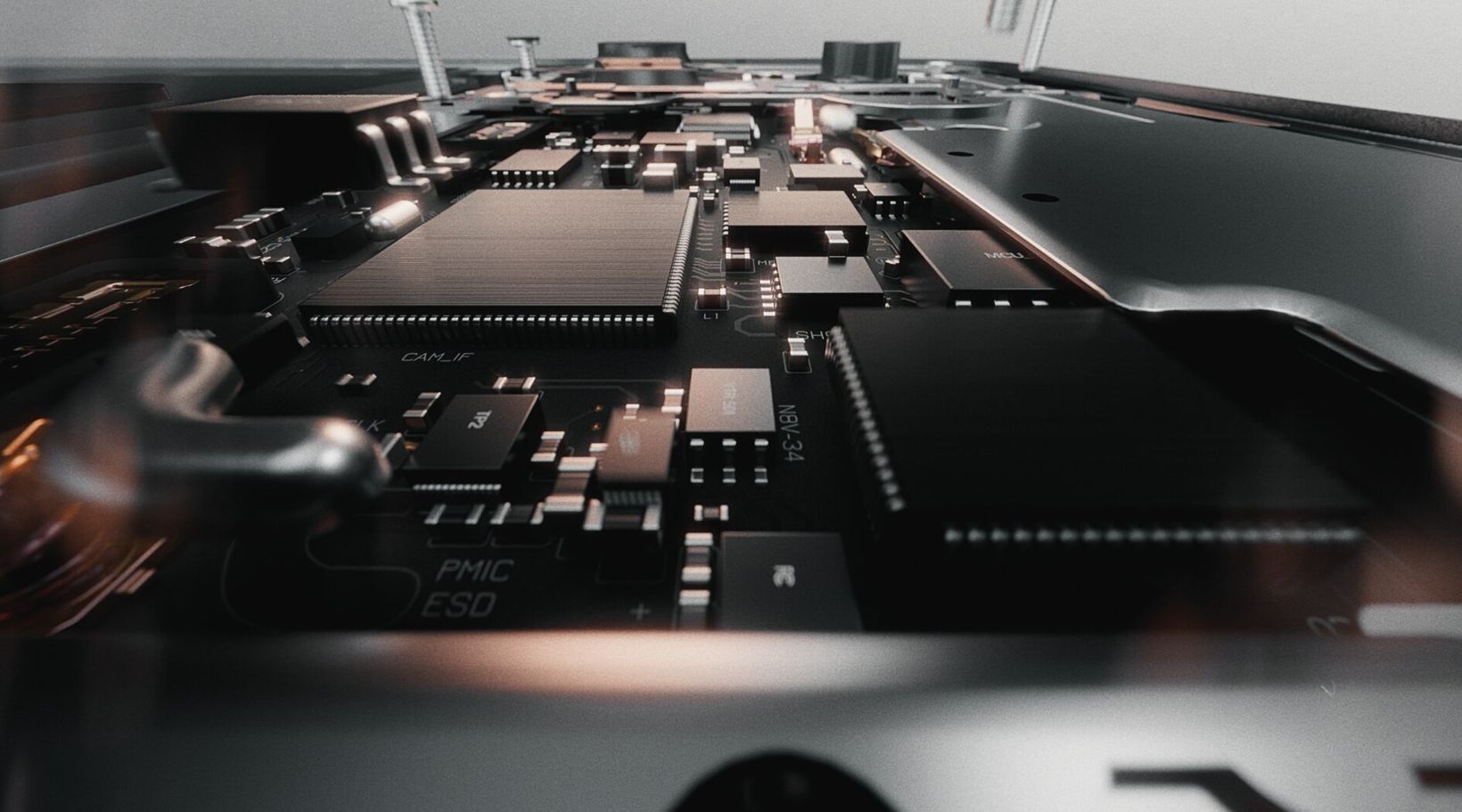 Close-up of chips on a phone logic board