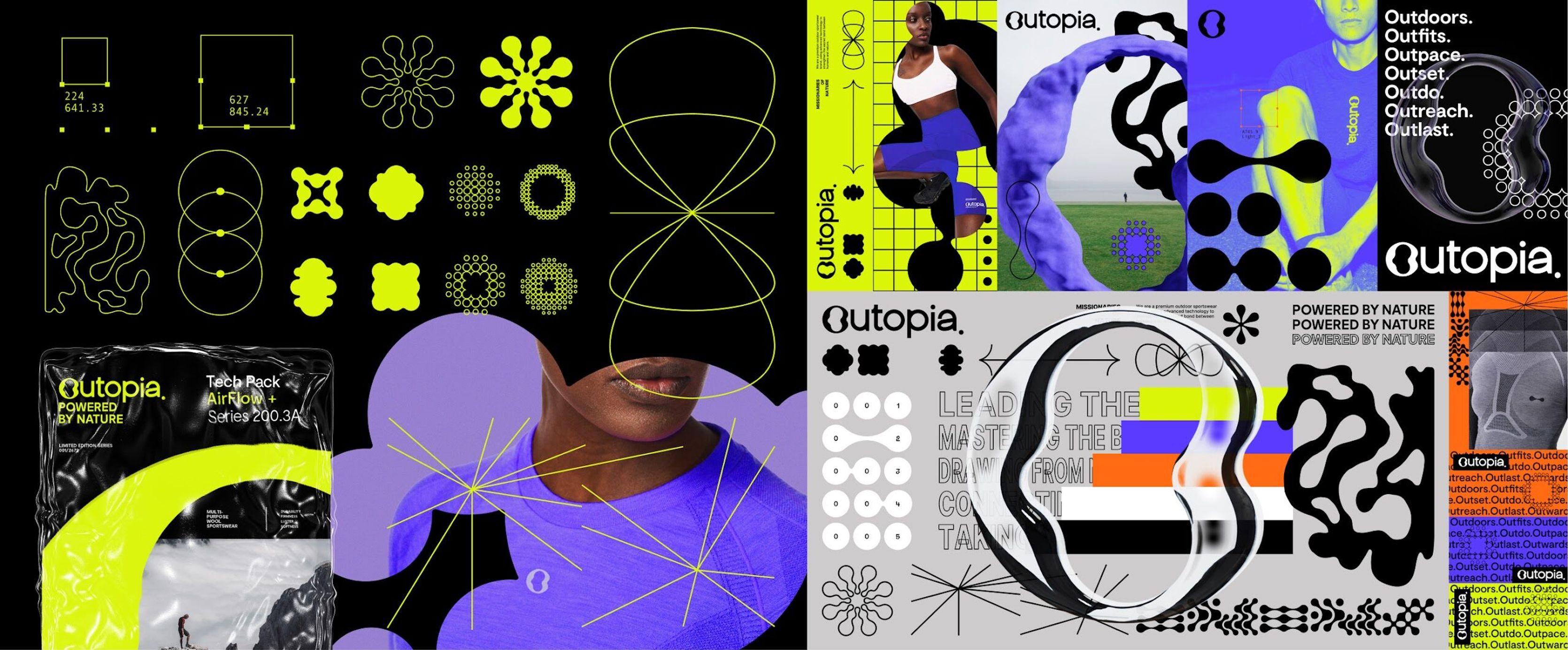 Outopia extension graphics in lime, purple and black