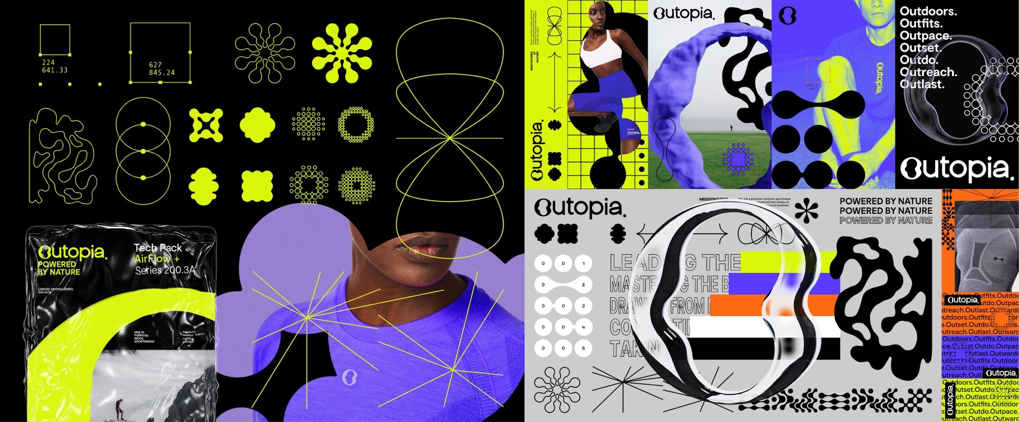 Outopia extension graphics in lime, purple and black
