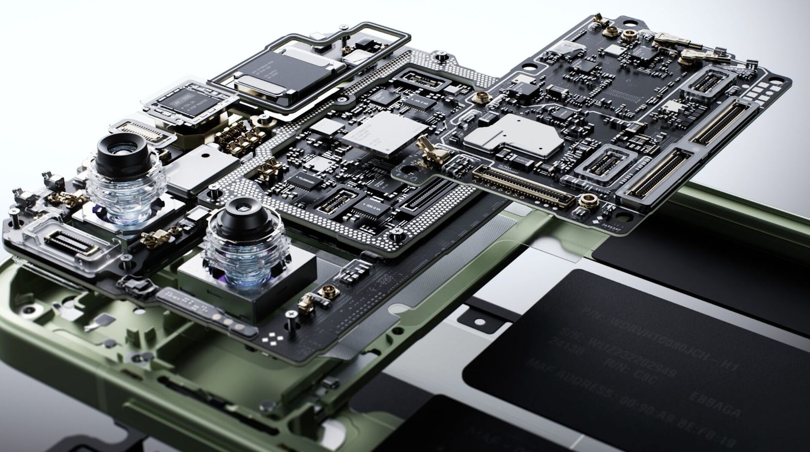 Exploded view of a phone's circuit boards and camera modules