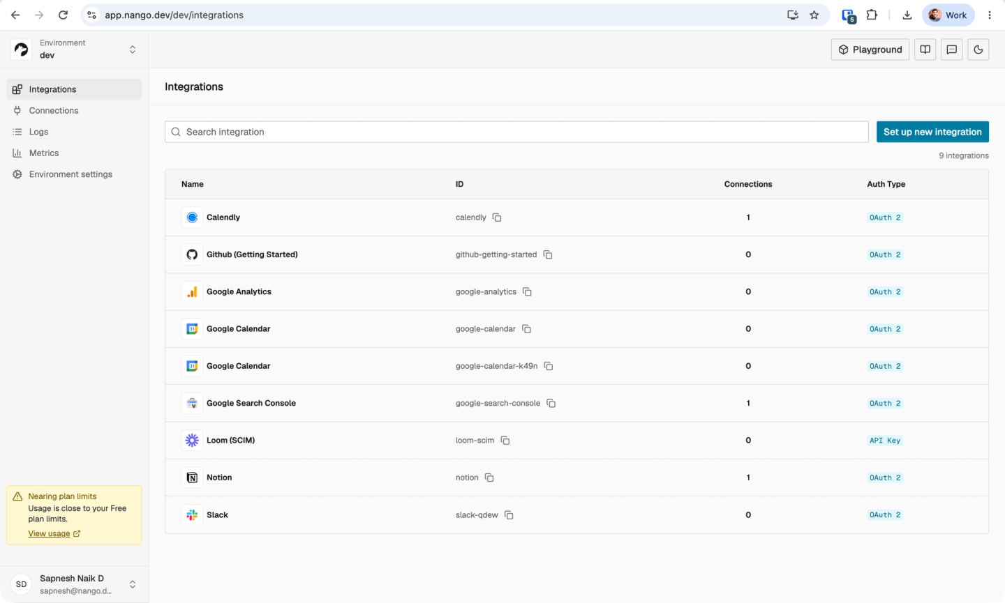 nango dashboard intergations