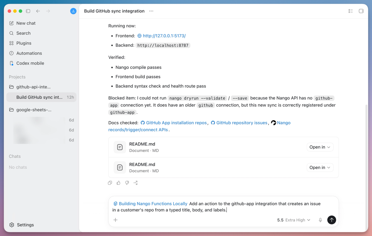 codex builds create issue action