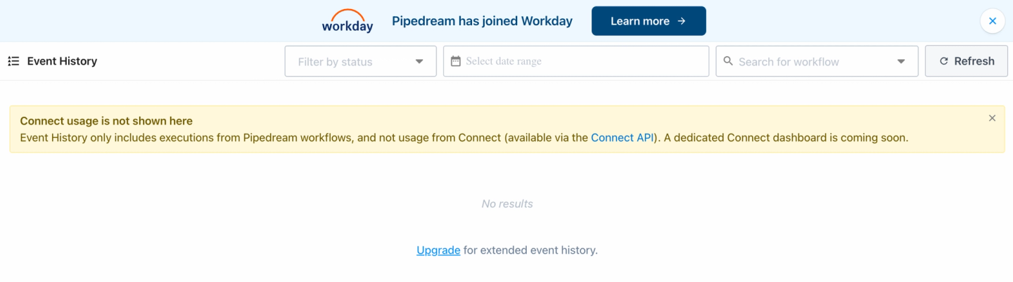 pipedream connect event history unavailable