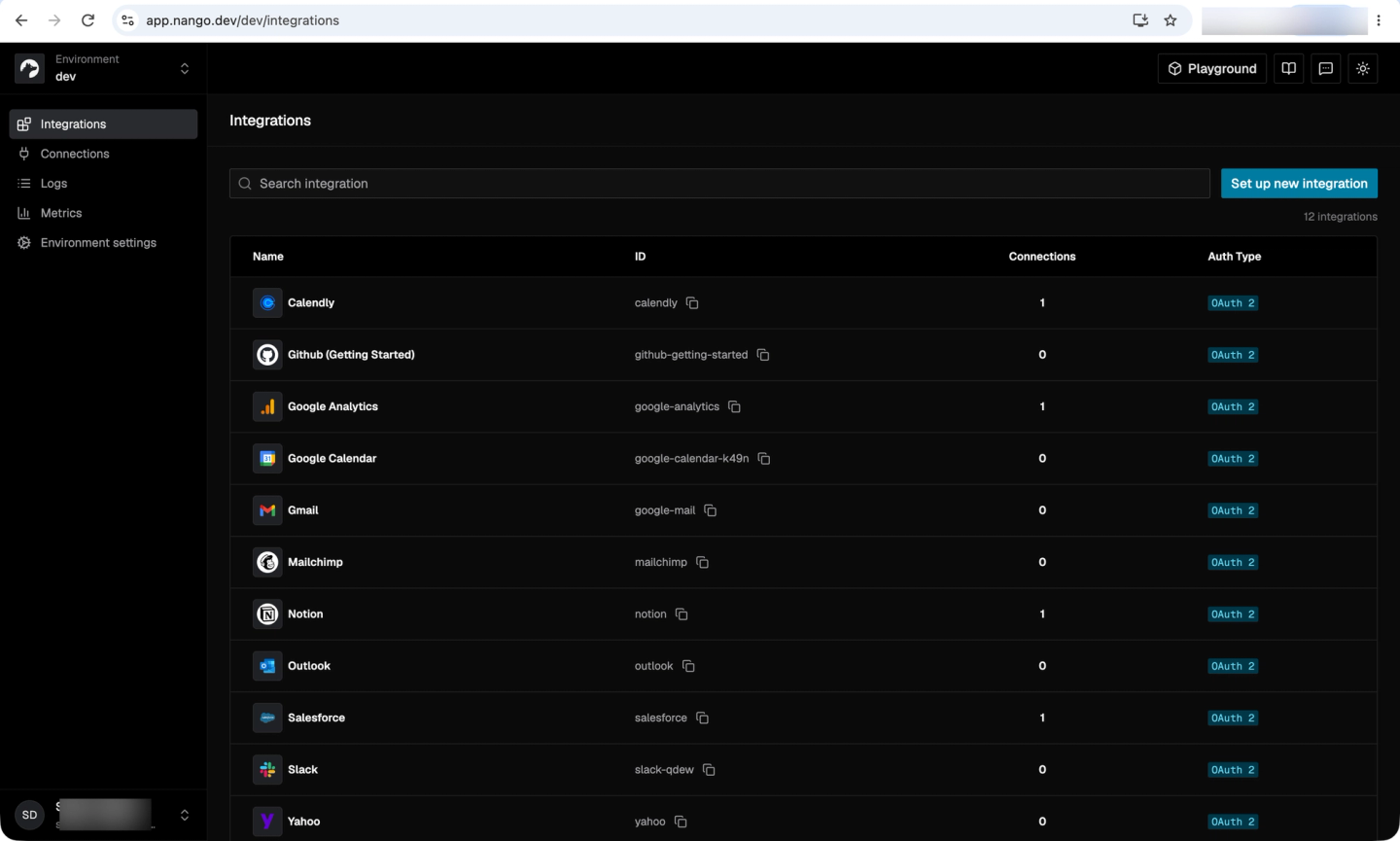 nango integrations dashboard oauth connections