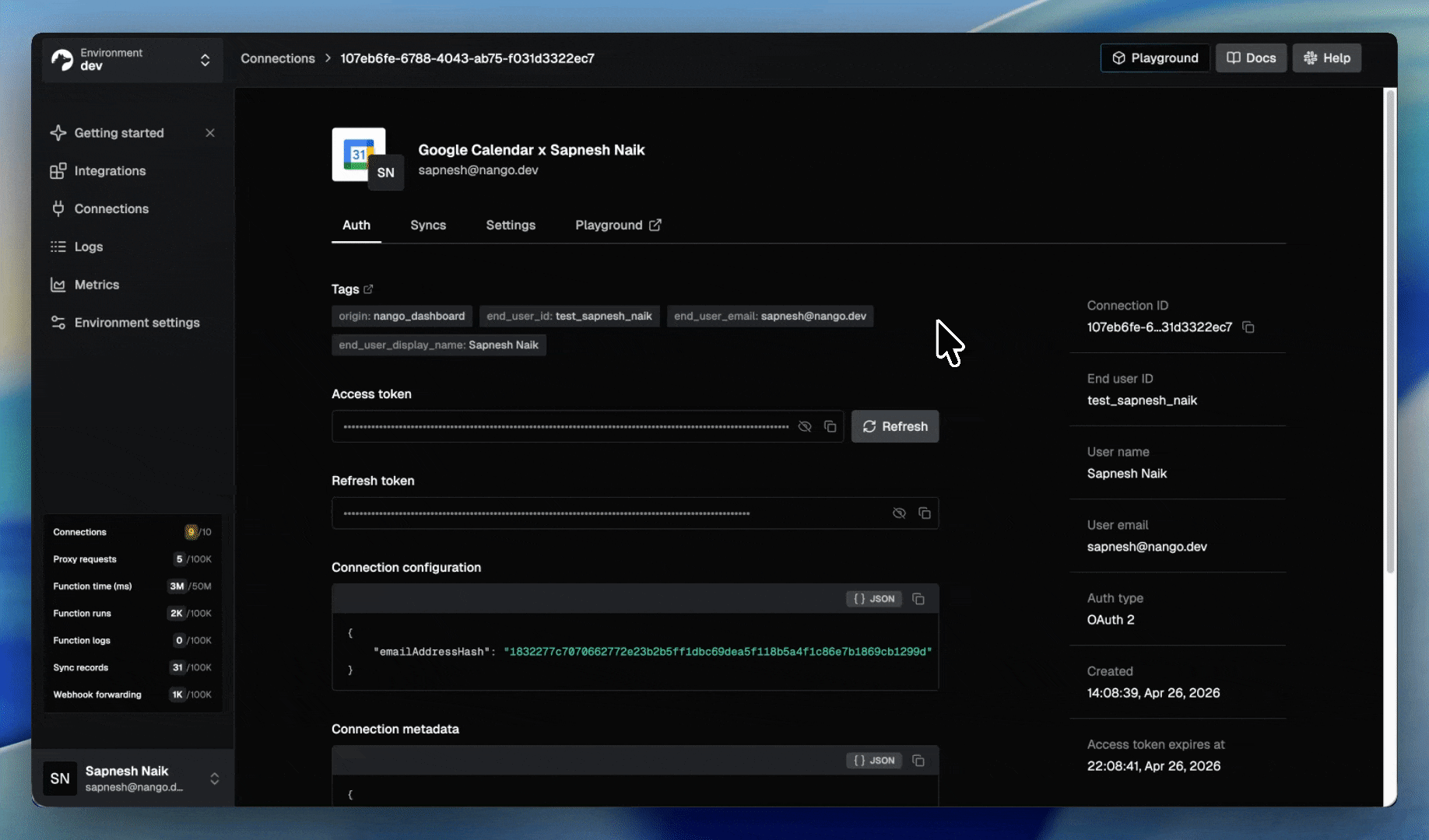 nango playground create google calendar event