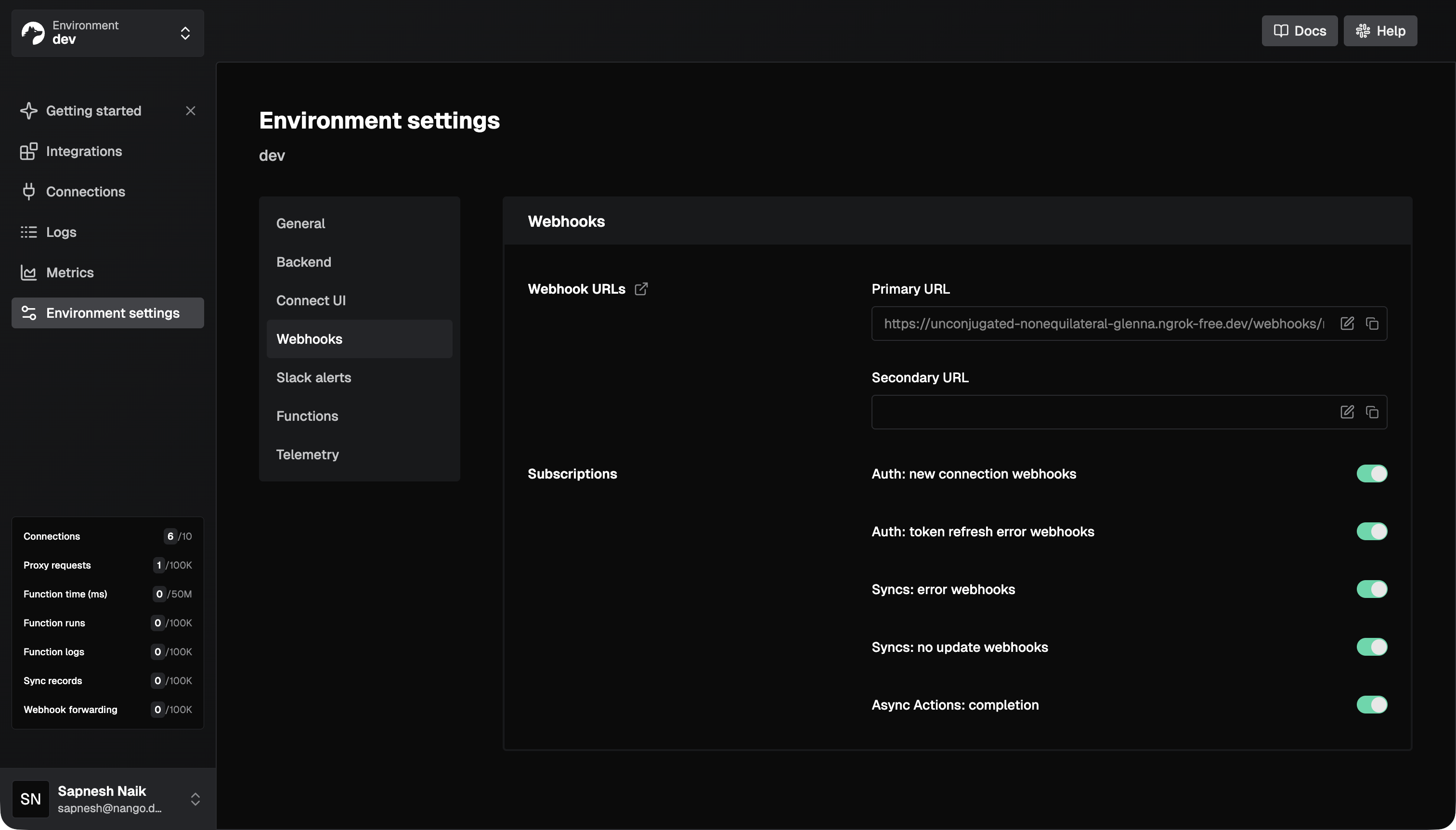 set webhook url nango